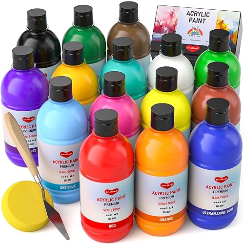 Smallbudi Bulk Acrylic Paint Set, 15 Colors 16.9oz (500ml) Large