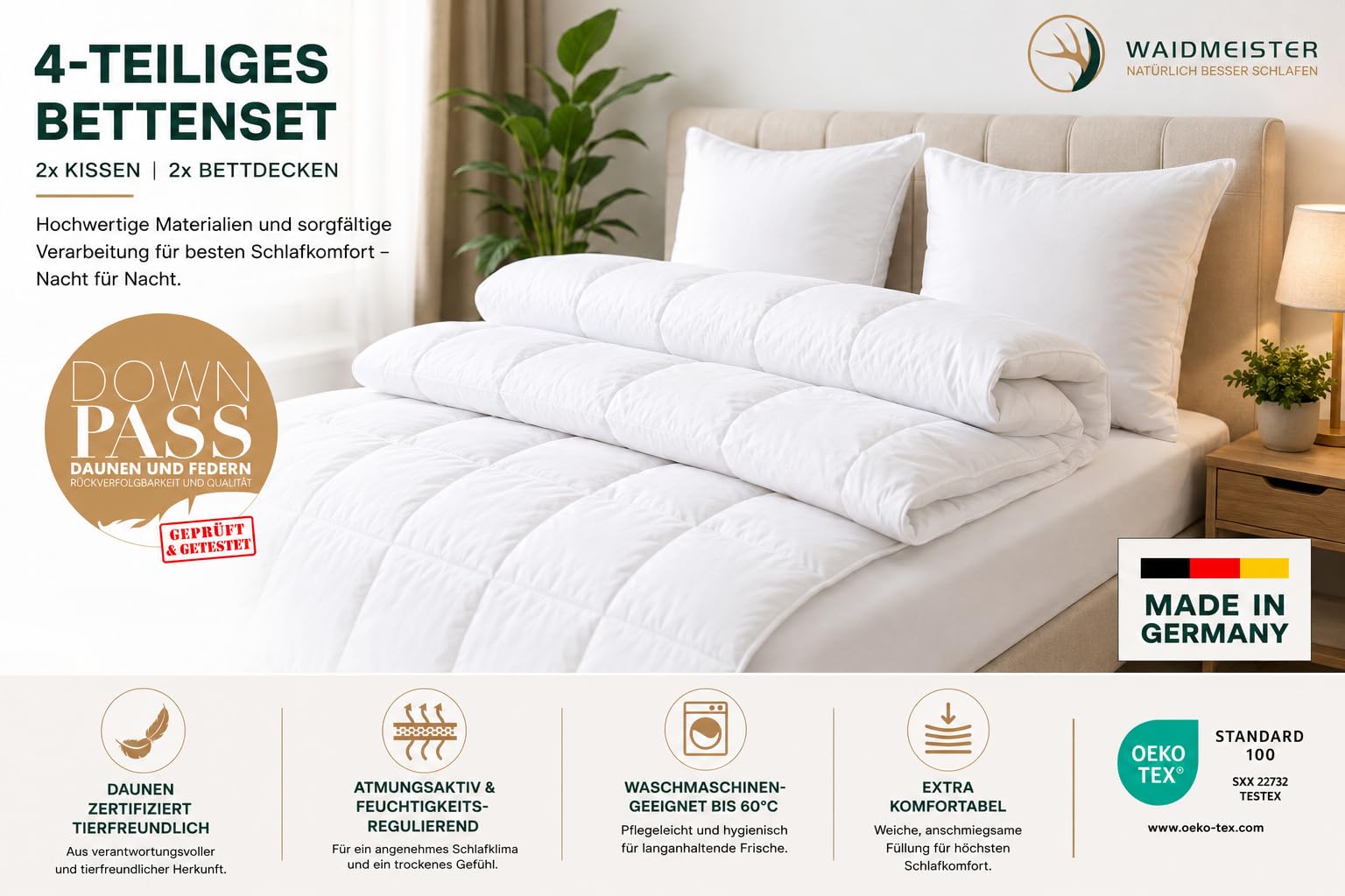 DILUMA Bettenset 4-teilig Comfort - 2X Bettdecke 135x200 cm 1000g Füllung 90% Federn 10% Daunen - 2X Kopfkissen 80x80 cm 100% Federn - Bettdeckenset mit ÖkoTex 100