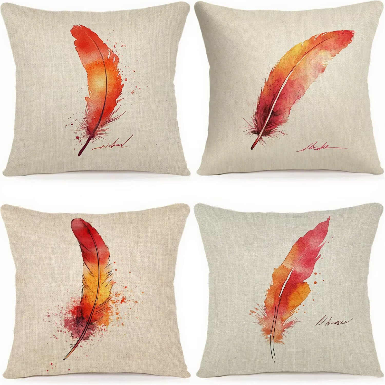 Housse coussin exterieur 90x90cm plumes orange coussins canape decoration lot 4