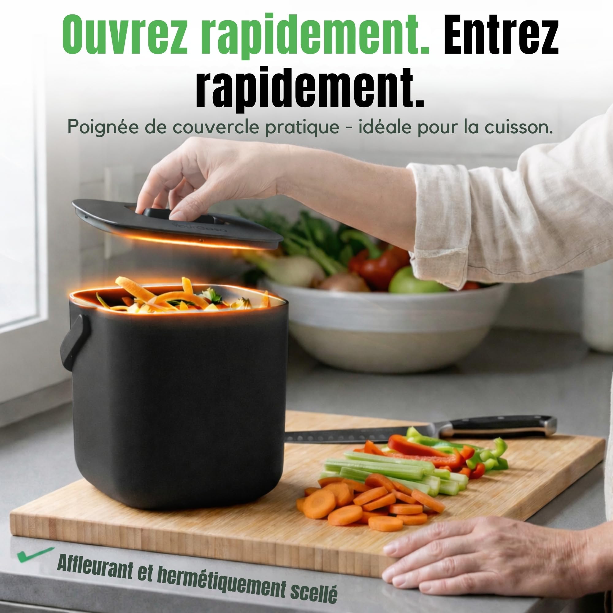 YourCasa® Composteur Cuisine - 7L Poubelle compost cuisine pour les déchets organiques quotidiens Lavable au Lave Inodore poubelles à compost seau compost cuisine petite poubelle cuisine (Noir)
