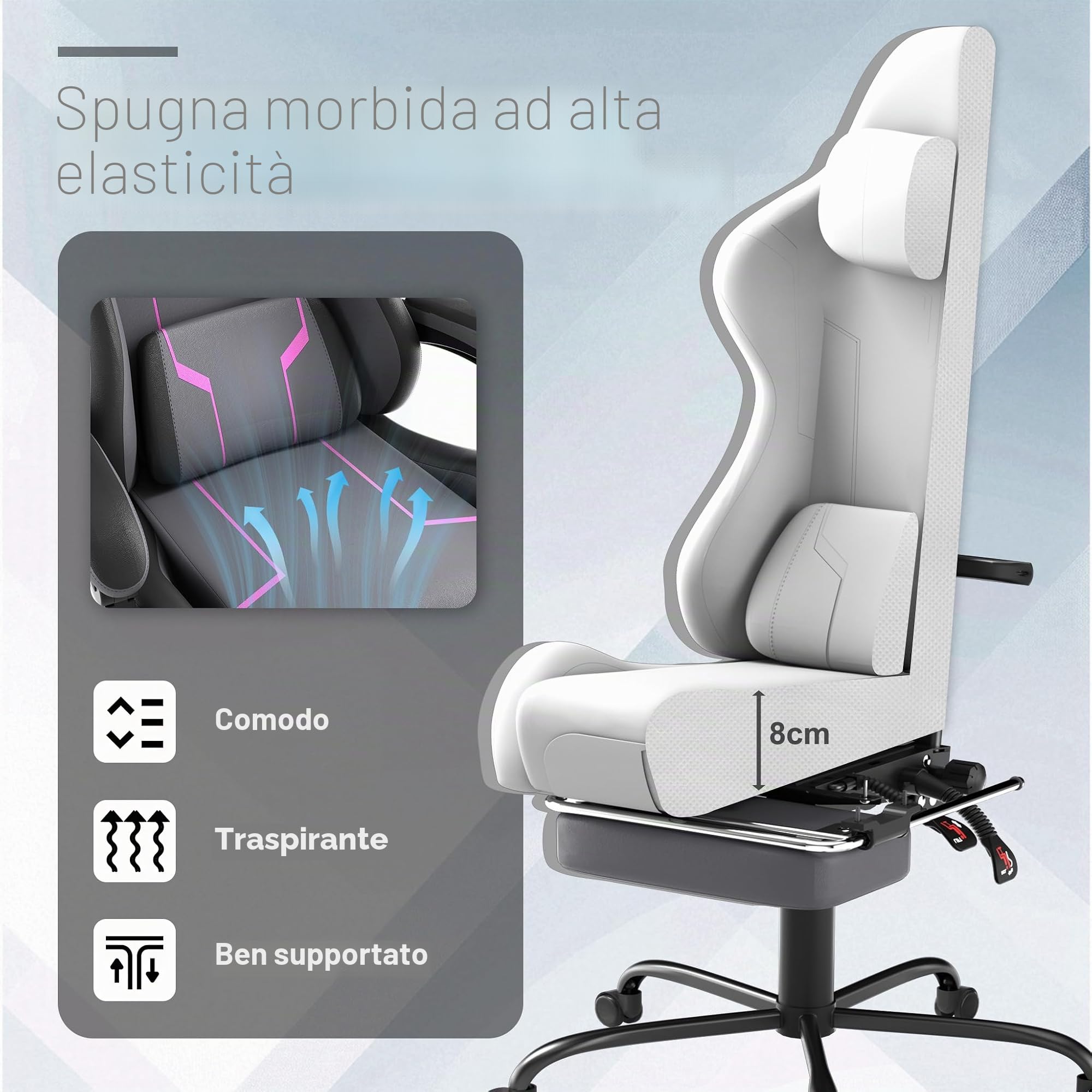 YHome Sedia da gaming da ufficio, regolabile in altezza, con cuscino, cuscino lombare, poggiapiedi e braccioli, ergonomica, superficie in tessuto vellutato (nero+grigio+viola)