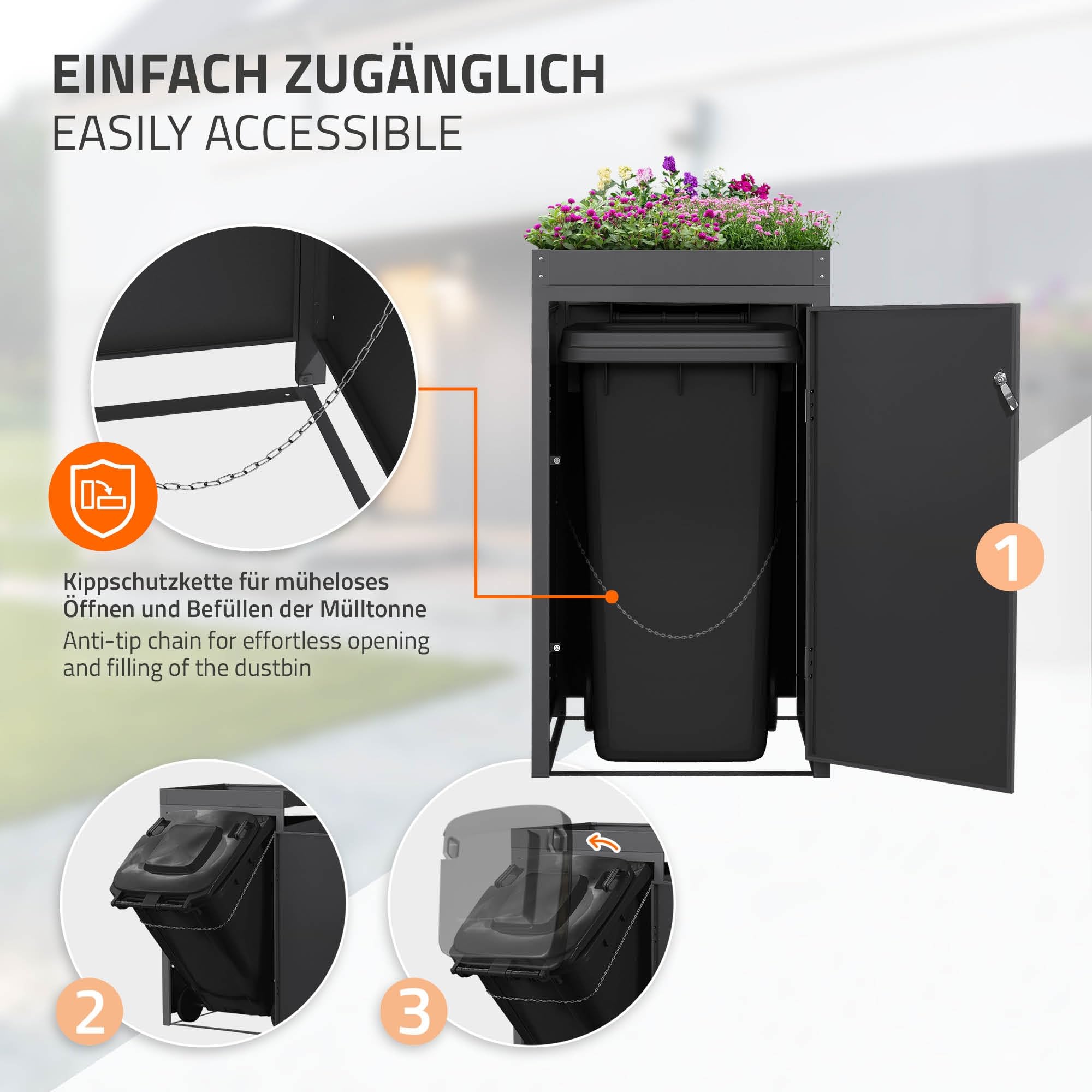 ML-Design Abri pour 1 Poubelle 240L, 68x80x124cm, en Acier, Anthracite, avec Porte à Poignées et 2 Clés, avec Jardinière, Conteneur Extérieur, Moderne, Résistant aux Intempéries, Habillage de Poubelle