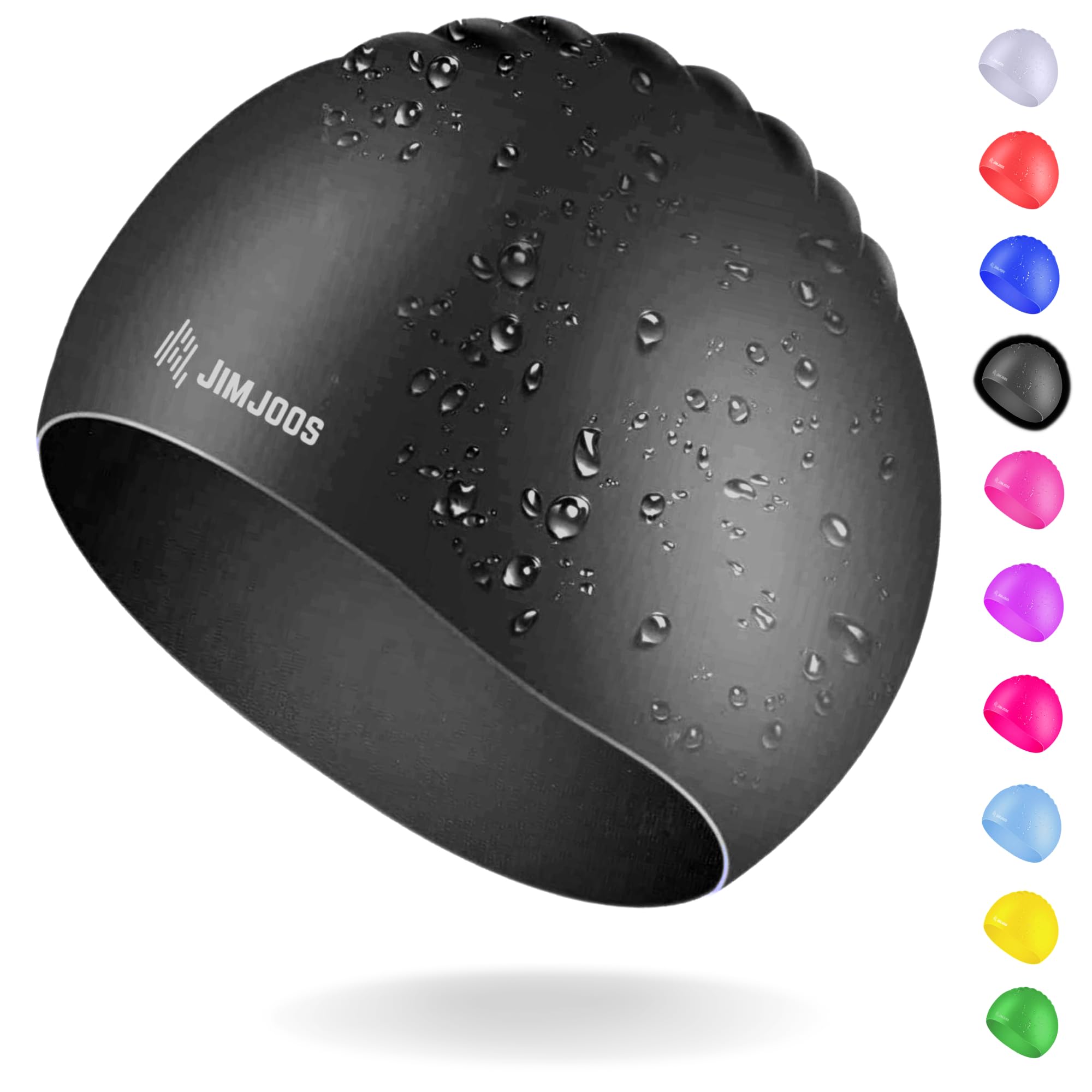 JIMJOOS Kids Swimming Cap 3–14 Years - Silicone Swim Cap for Boys & Girls - Anti-Slip, Stretchable, Waterproof Swimming Hat - Durable, Odour-Free Swim Hat with Protective Pouch (BLACK, 9-14 Years)