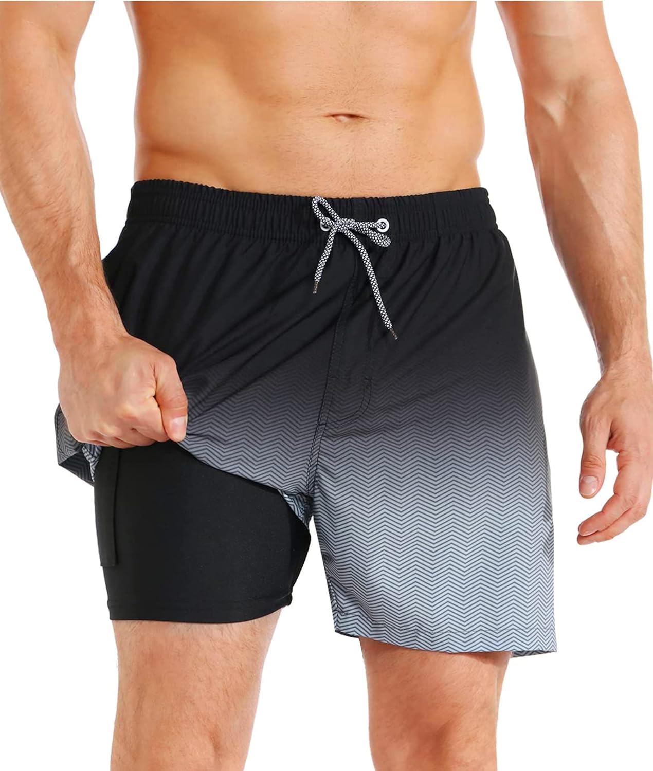 APTRO Men's Swim Trunks 2 in 1 Sportshorts Compression Liner Swimming Shorts Board Surfing Gym Running Short 7 inch Sommer Beach Shorts 03 Gradient Black Mk173 S