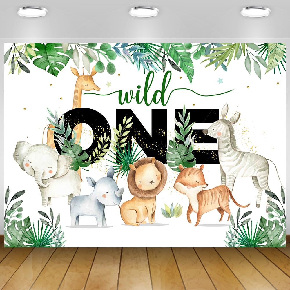 Boy Wild One Jungle Animal Birthday Banner - Nature Green Leaves First Birthday Photography Backdrop - Animal Theme Party Decoration 7x5Ft
