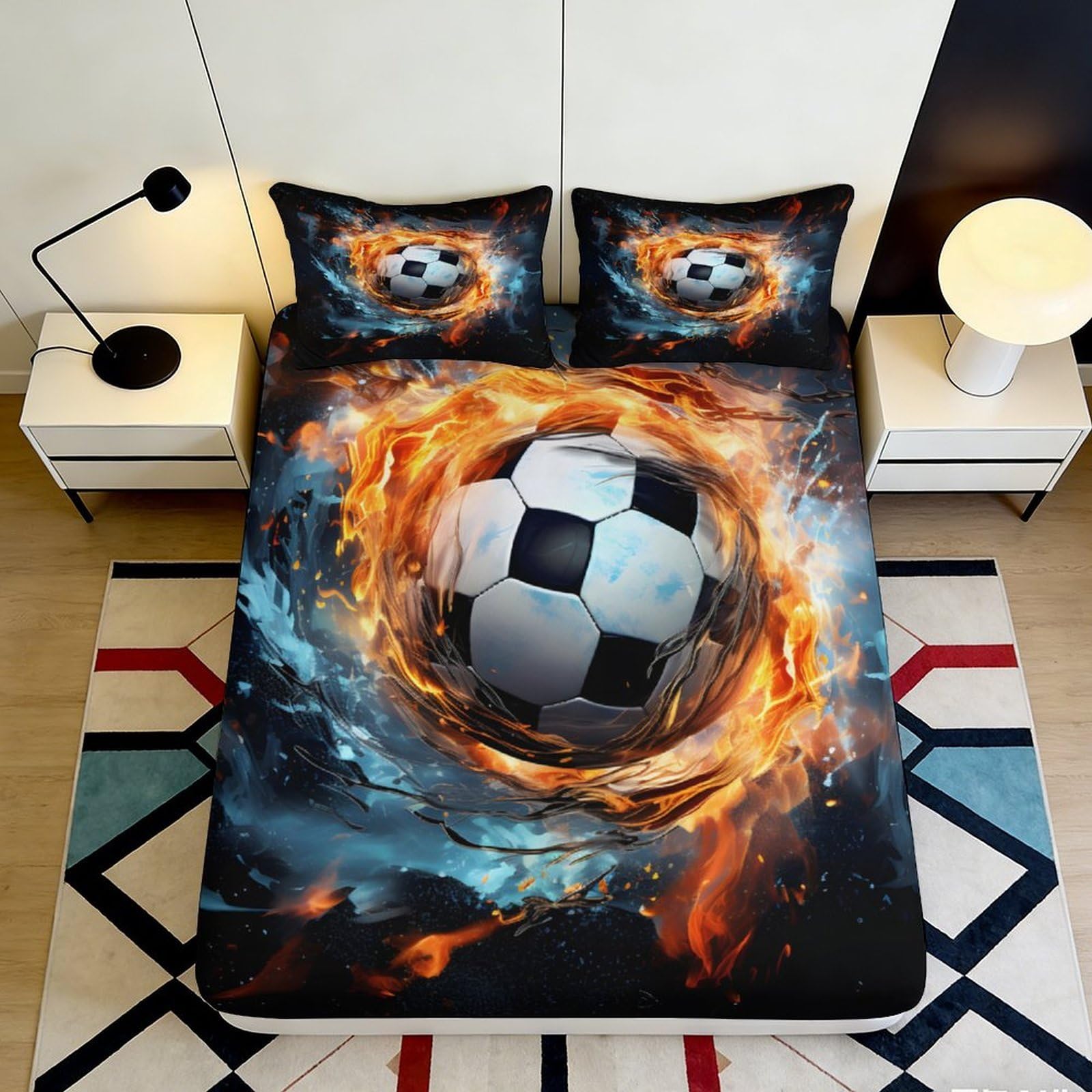 3D Printed Fiery Soccer Ball Fitted Sheet Microfiber Soft Breathable Flaming Football Bed Cover for Bedroom Dormitory Guest Room Mattress Protection 120x200x25cm