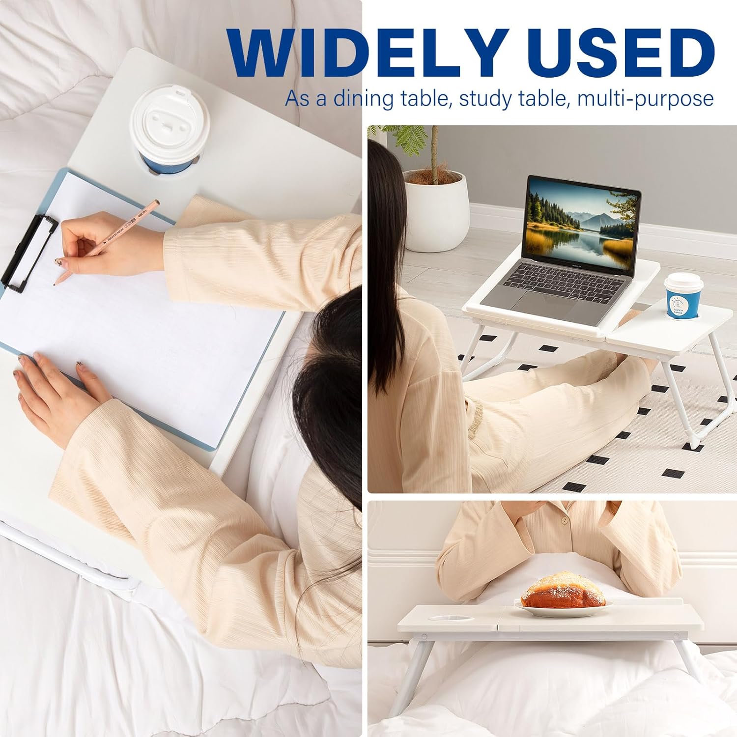 Laptop Desk for Bed Couch, Adjustable Foldable Bed Table with Cup Holder, Breakfast Serving Tray, Portable Laptop Lap Desk Stand for Working Reading Writing Eating Gaming in Bed Sofa Floor(White)