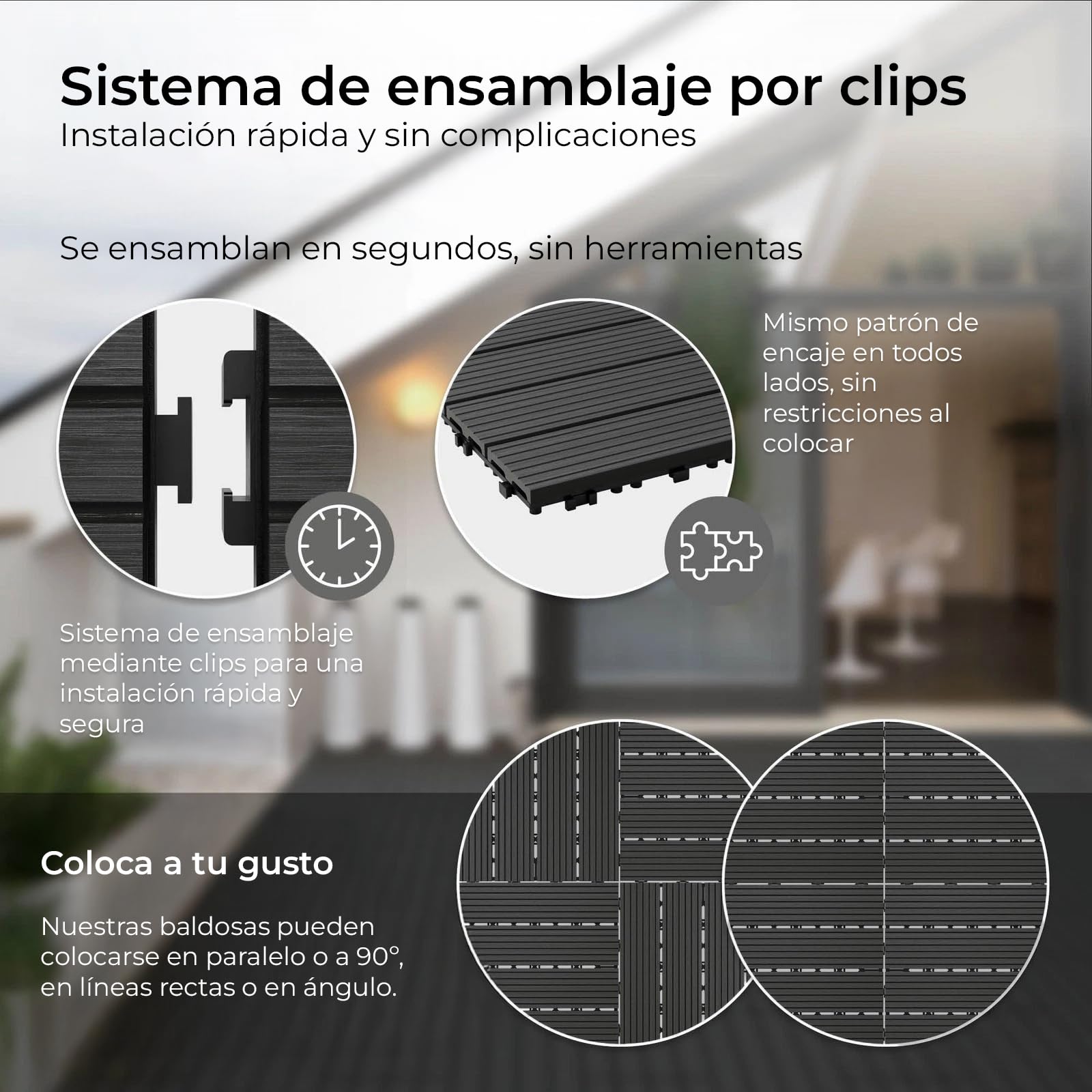 YOEVU - Baldosas de Exterior de Madera Composite WPC | Antideslizantes y Resistentes al Agua | Fácil Instalación | 1.08m² | Set de 6, Patio y Jardín, 30X60cm (Antracita)