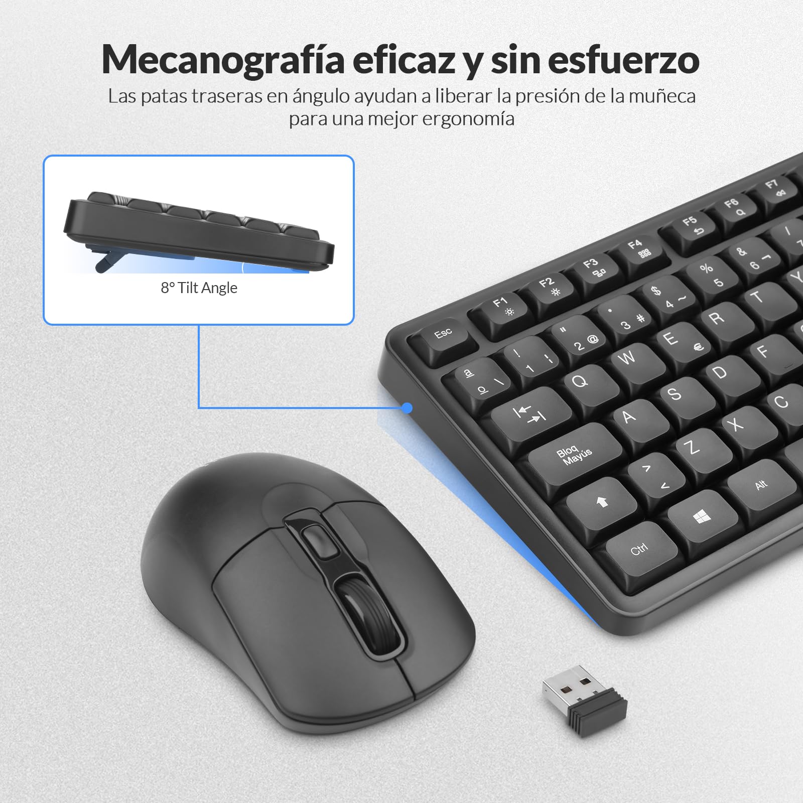 Rii RK209 Combo de Teclado y ratón Inalámbricos, Teclado y Ratón Silenciosos, con Receptor 2,4G(No Incluye Pilas)