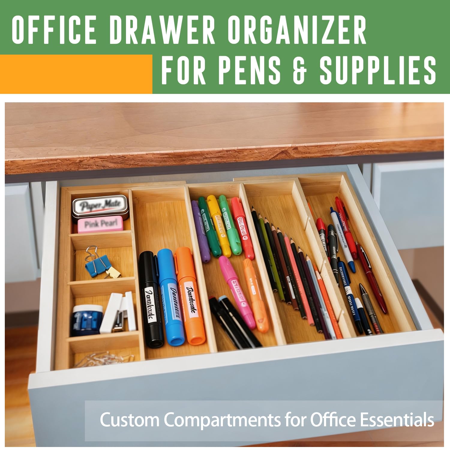 Organizer espandibile per cassetti in bambù con divisori rimovibili, vassoio regolabile da 38,1 a 55,9 cm per utensili da cucina, trucco e ufficio
