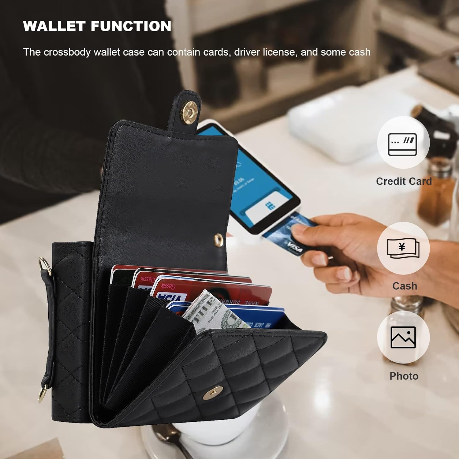 KIHUWEY Crossbody Wallet Case for Samsung Galaxy Z Flip 4, Purse with Credit Card Slot Holder RFID Blocking PU Leather Adjustable Lanyard Detachable Strap Wrist for Women (Black)
