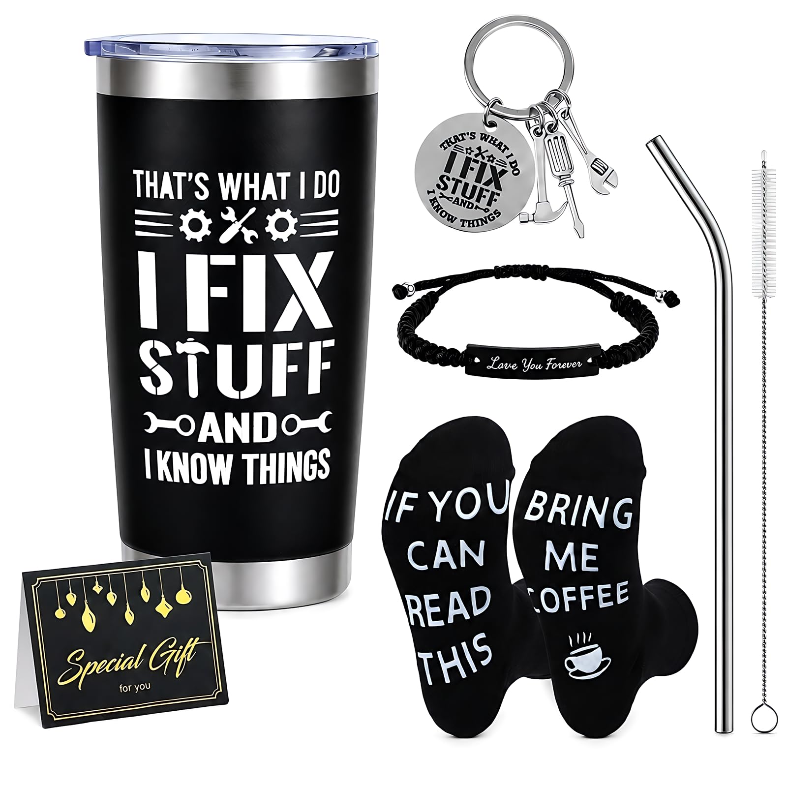 Birthday Gifts for Men - Unique Valentine's Day/Father's Day Present for Dad, 5Piece Men's Gift Set with 20oz Tumbler, Keychain, Bracelet, Socks & Card, Boyfriend & Grandad, Fun Gift Idea for Him