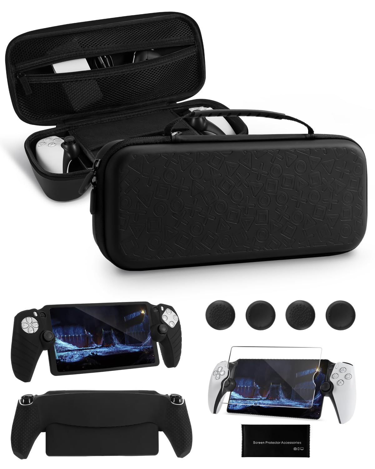 PALPOW 8 en 1 Set de Accesorios Compatible con PlayStation Portal, Funda Psportal Rígido con Estuche Protectora Silicona Compatible con PS5, Pantalla Protector con 4 Thumb Grips, Negro