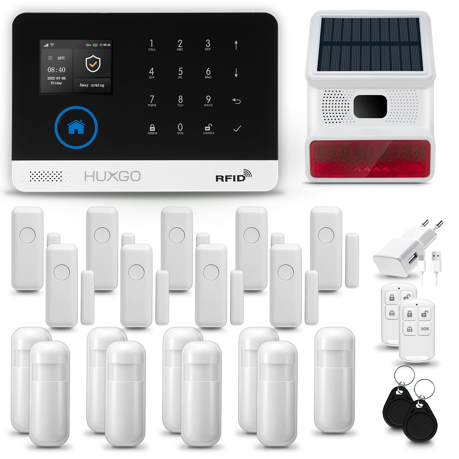 HXA003 Alarme maisonavec Solaire Sirène sans Fil, WiFi + GSM 4G | Kit d'alarme Maison Domestique avec 9X détecteurs de Mouvement, 9X capteurs d'ouverture| TUYA App Intelligent