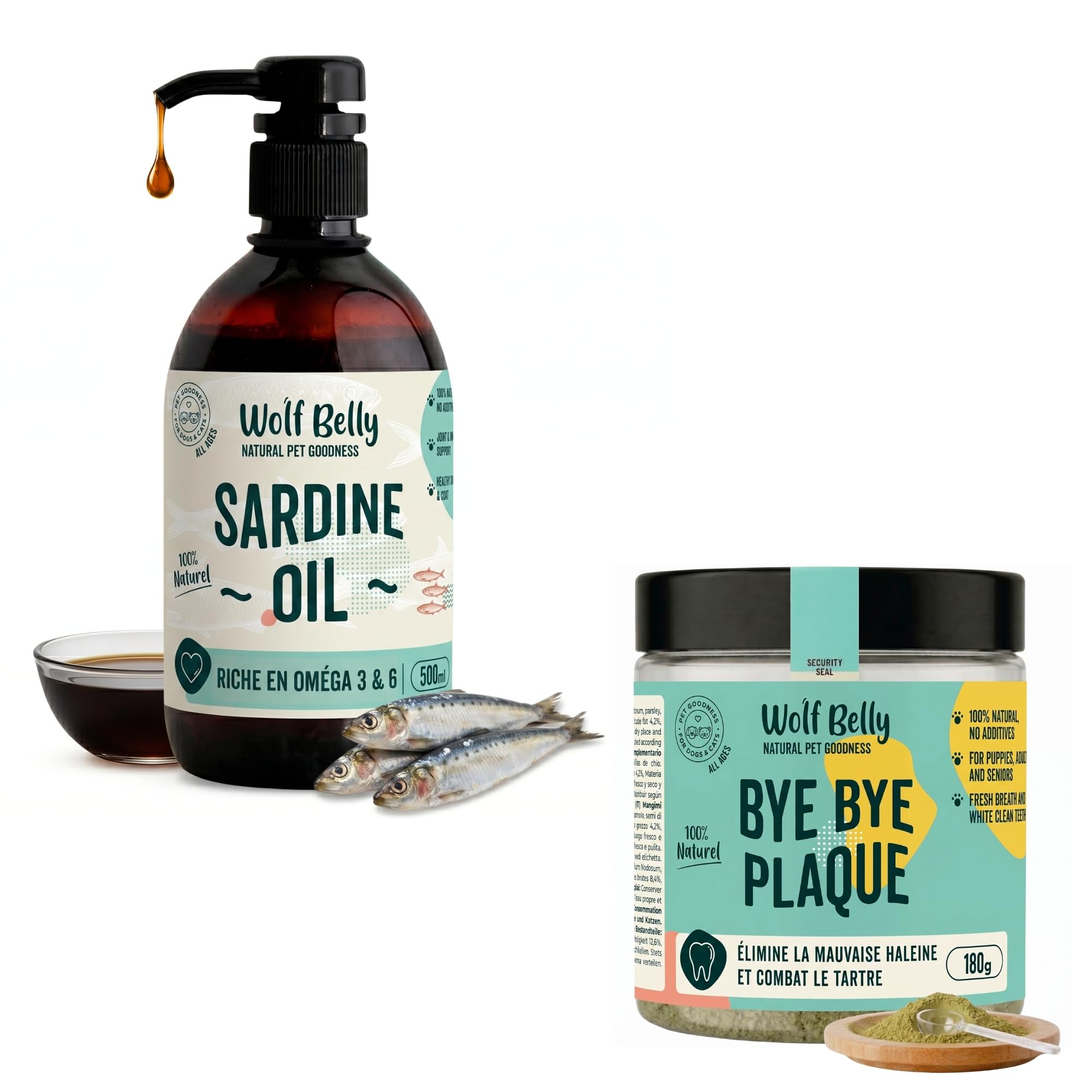 Huile de Sardine pour Chien et Chat Wolf Belly Complément Alimentaire et Anti Tartre Naturel