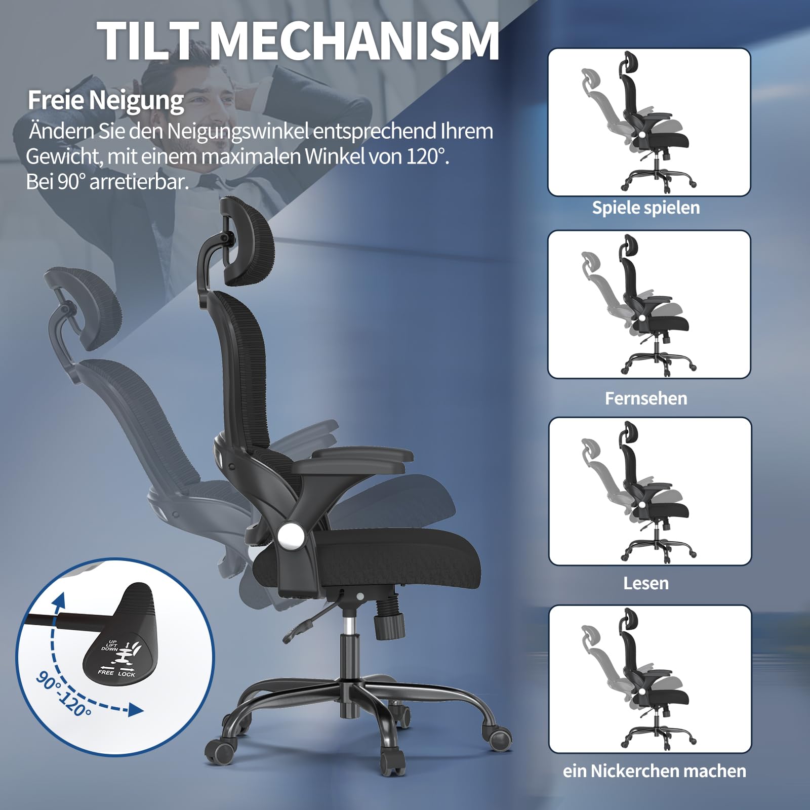 TRALT Ergonomischer Bürostuhl - Schreibtischstuhl mit Verstellbare Kopfstütze Höhenverstellbarer Bürostuhl Büro Stuhl - Office Chair Ergonomic Desk Chair - Gaming Stuhl 150kg für Lange Zeit Schwarz