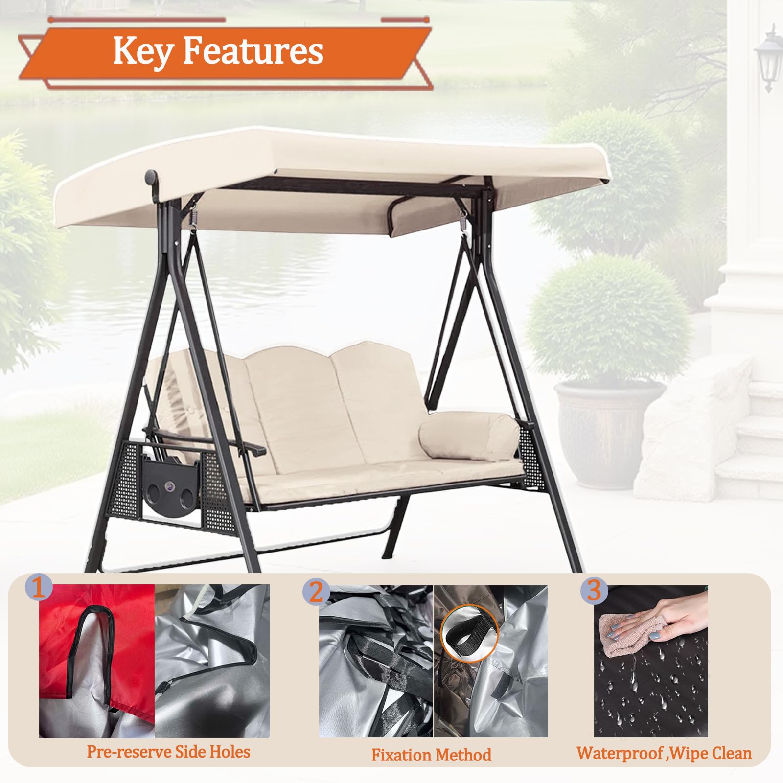 Tettuccio per Dondolo Tetto di Ricambio 3 Posti,Impermeabile e Protezione Solare Copertura per Dondolo da Giardino 190 x 120cm,Copri Superiore Baldacchino di Scorta per Tettuccio Arcuato,Beige