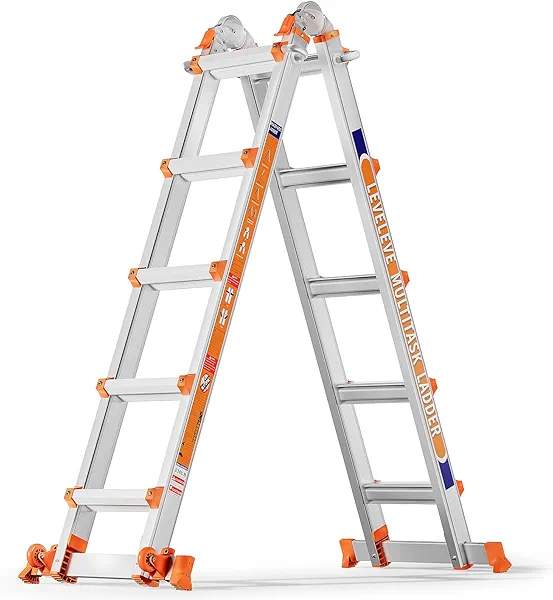 LEVELEVE A Frame 5 Step Ladder, 17FT Extension Ladder with Stabilizer Bar & Wheels,330 lbs Security Load Multi Position Ladder for Stairs Home Indoor Outdoor Roof