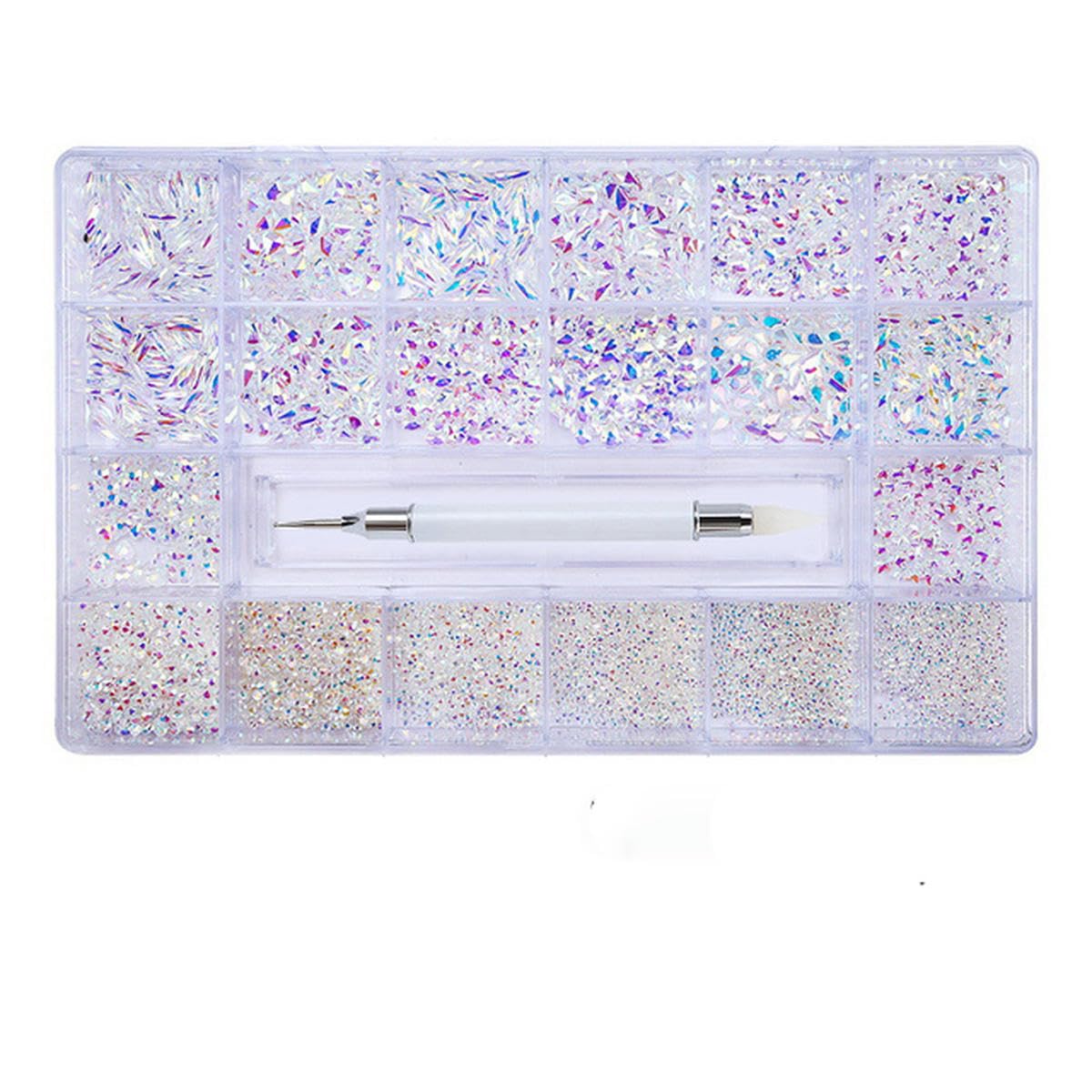 2500 piezas de diamantes brillantes de lujo para decoración de uñas, juego de decoraciones de cristal con diamantes de imitación, vidrio AB, 1 pieza de bolígrafo en caja de rejillas, 21 formas, transp