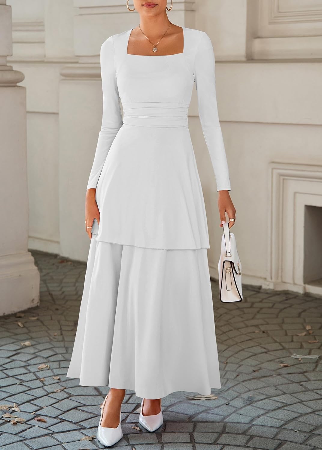 Lazysmile Women's Long Sleeve Fall Dresses Square Neck Ruched Waist Ruffle Hem Flowy Elegant Modest Boho Casual Maxi Dress - Image 6