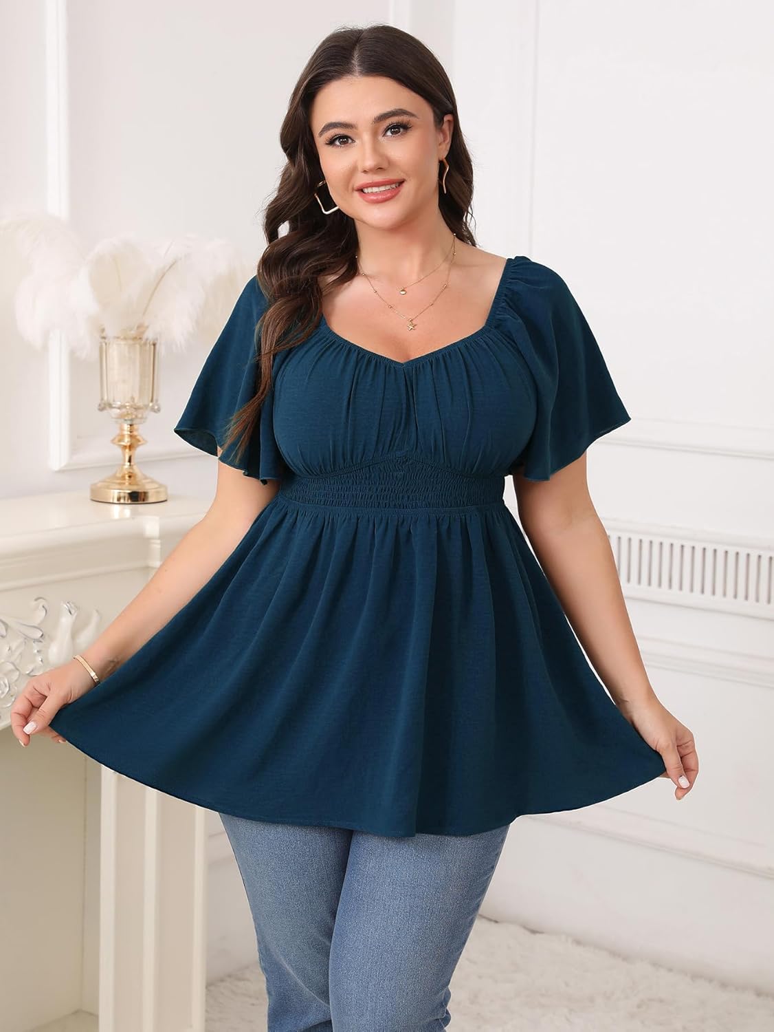 Womens Plus Size Blouse Summer Tops Sweetheart Neck Short Sleeve Ruffle Peplum Smocked Dressy Casual Top - Image 4