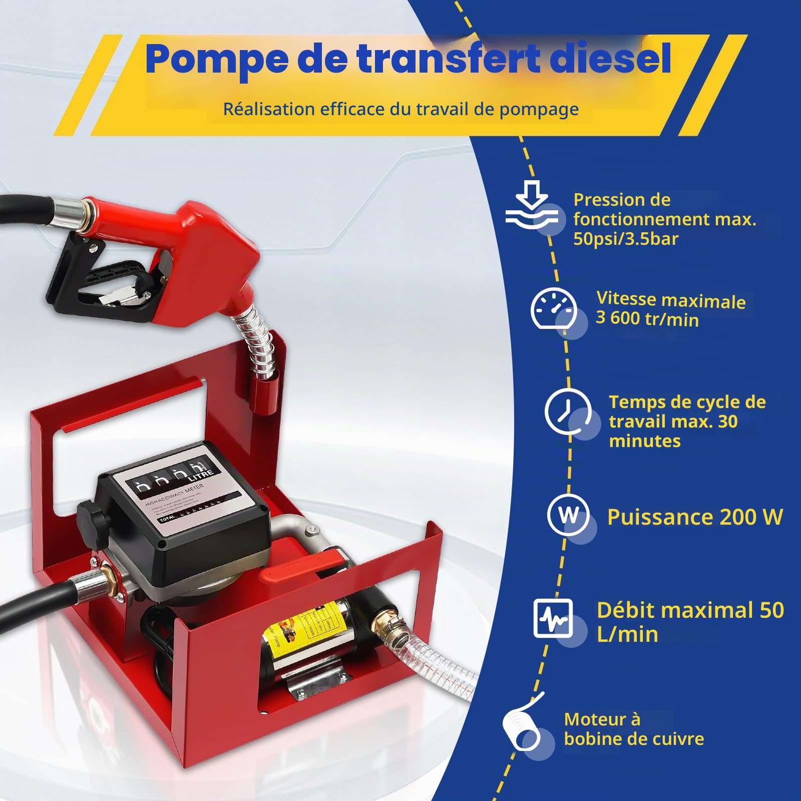 Pompe à diesel 230 V auto-amorçante 500 W Pompe à mazout Pompe à huile professionnelle 50 l/min Pompe à carburant auto-amorçante avec pistolet automatique, compteur et tuyau de 4 m