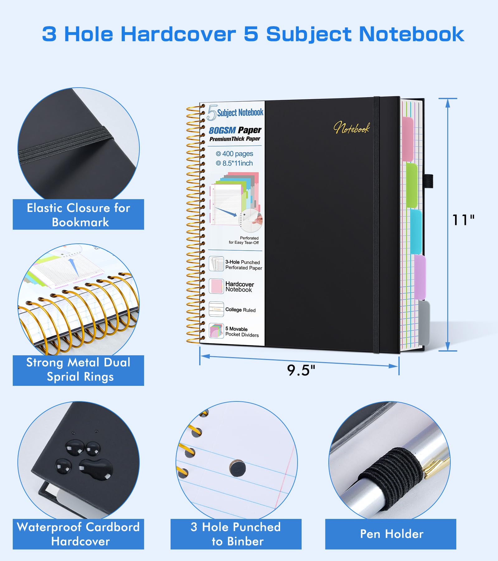 Notatnik z 5 tematami, w linie uczelni, gruby papier 80 g/m², w twardej okładce, notatnik w linie, ze zdejmowanymi przegrodami, 400 stron, duży papier, 21,5 x 28 cm, do pracy w szkole, z 3 otworami