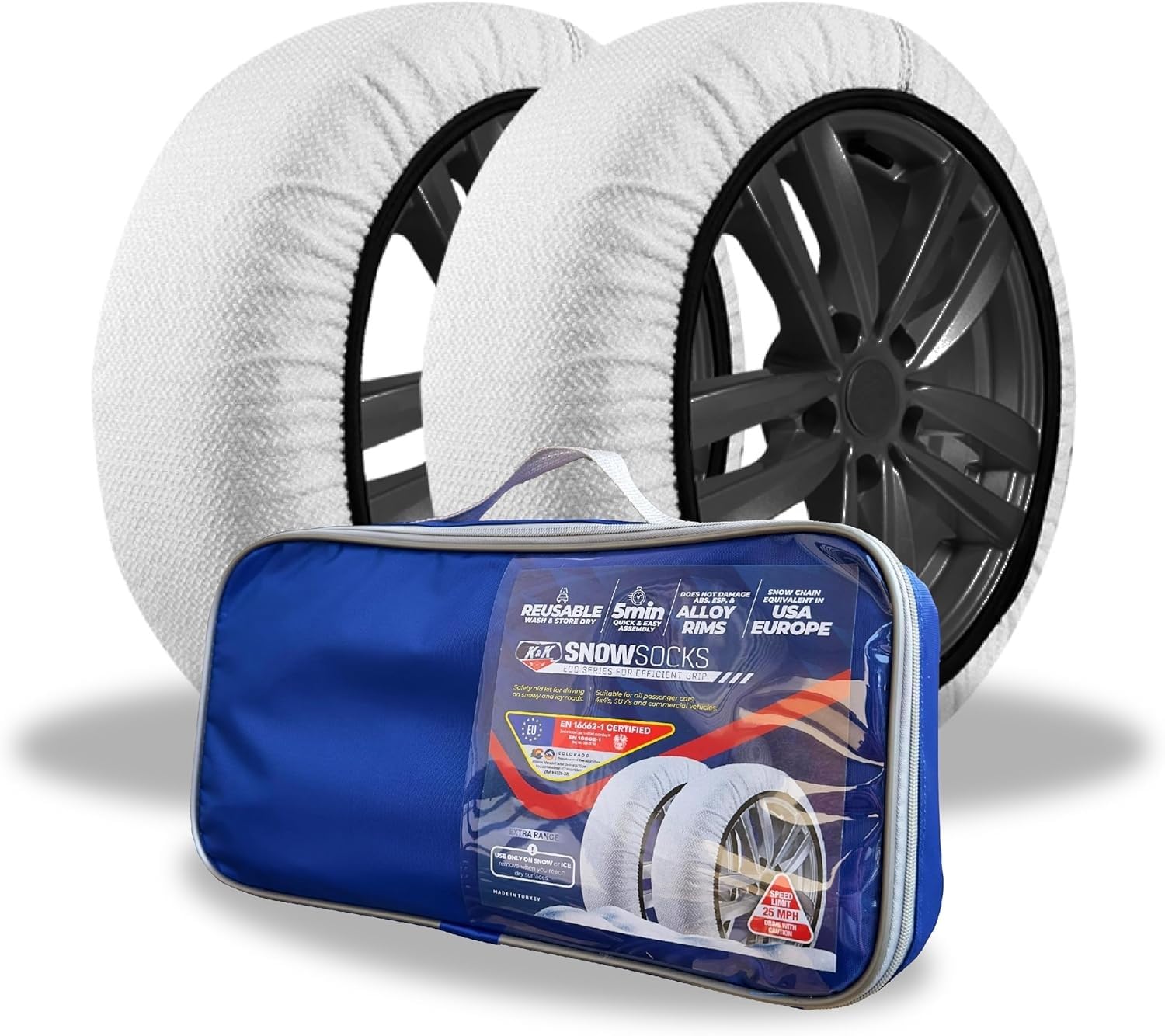 K&K Automotive Snow Socks for tires - Snow Chain Alternative for All Car SUV Wheel Rims Anti-skid Ice Storm Snow Emergency Traction Aid European-Made (2 Piece) (Large)