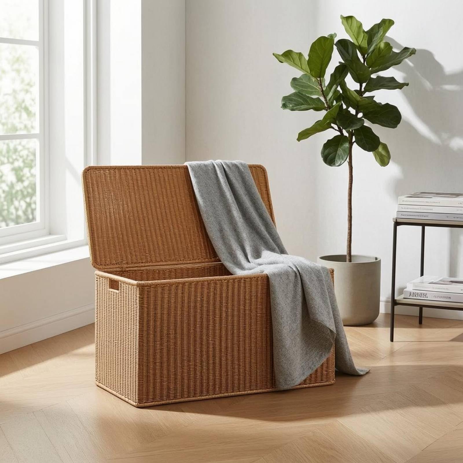Baúl de Almacenamiento Grande Rattan Imitación Organizador Arcón con Tapa Contenedor con Asas Diseño Tejido y Marco Firme Adecuado para Salón, Marrón Claro, 79.5X40X38.5/40CM