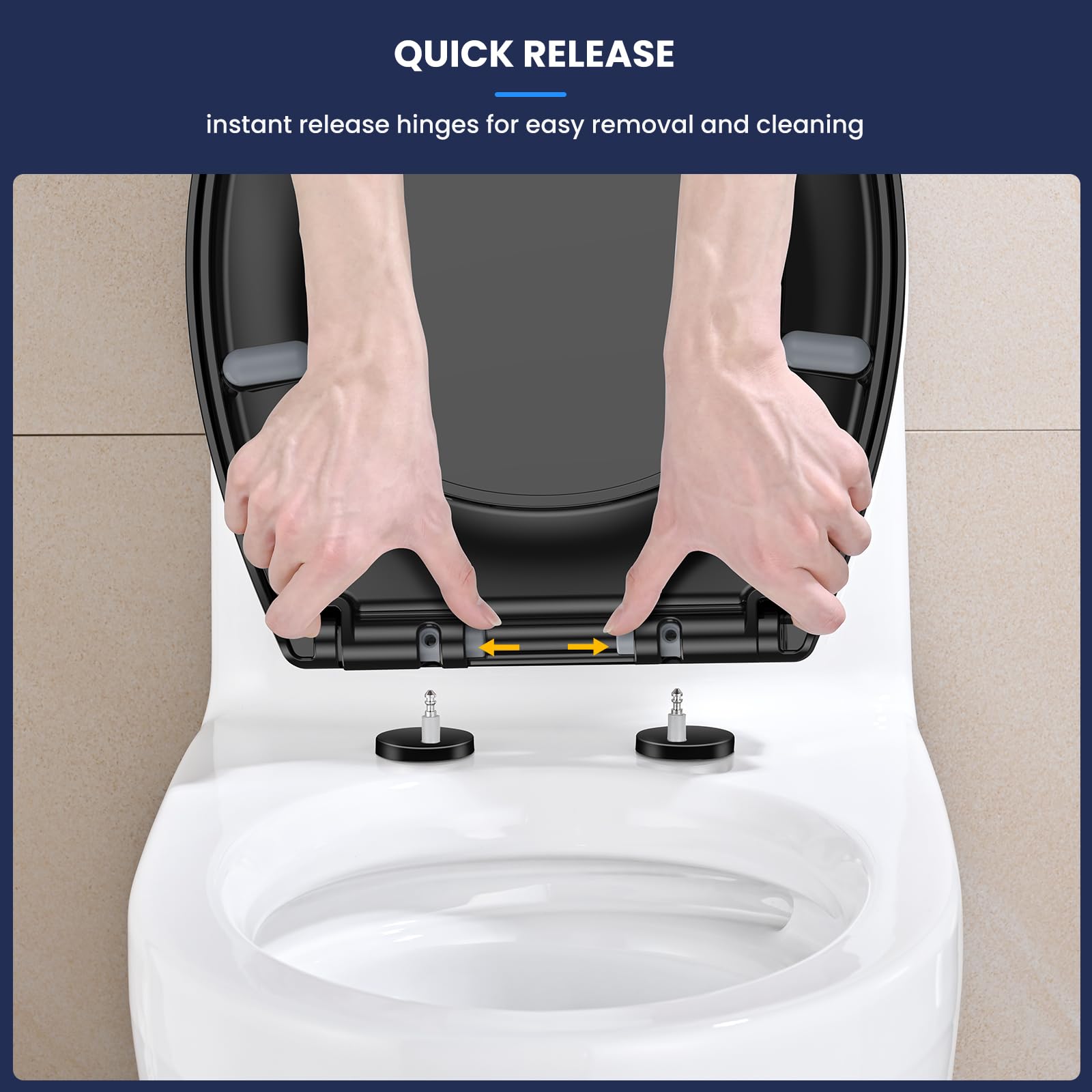 YEAUPE PRO Tapa WC Universal Forma O, Asiento de Inodoro de Cierre Suave en Forma de O con Liberación Rápida para una Fácil Limpieza, Estándar Ovalados, Negro, 44,6 x 37,2 x 4,3cm