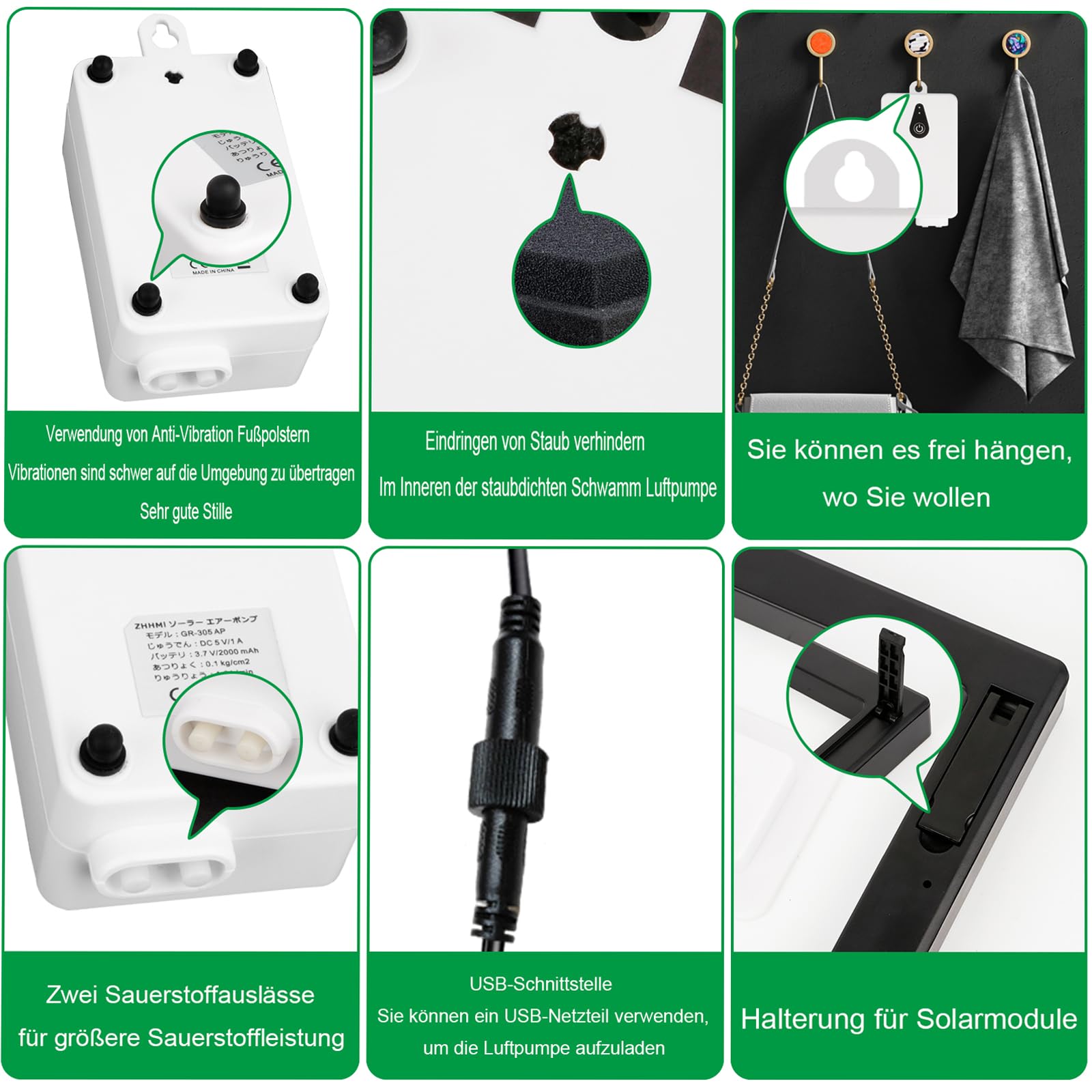 Pompes à air solaires, chargement USB et chargement solaire sont disponibles, oxygénateur de 2 W pompe à air d'aquarium, aérateur de pêche avec tube, pierres à bulles, pompe à oxygène solaire