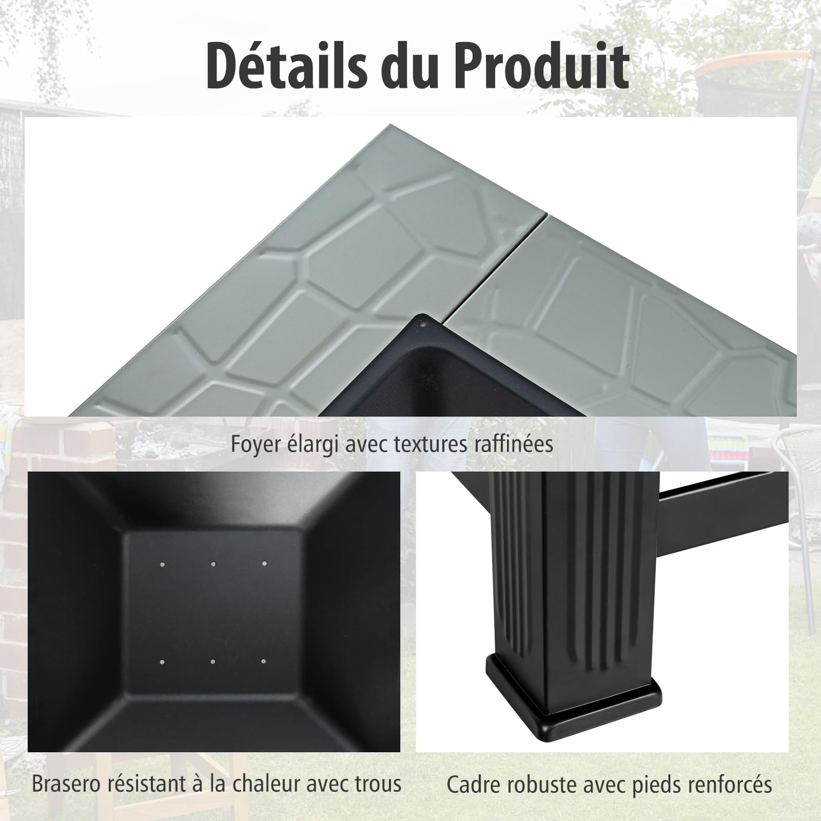 COSTWAY Brasero Extérieur Carré 3 en 1 avec Pare-étincelles (Gris+Noir)