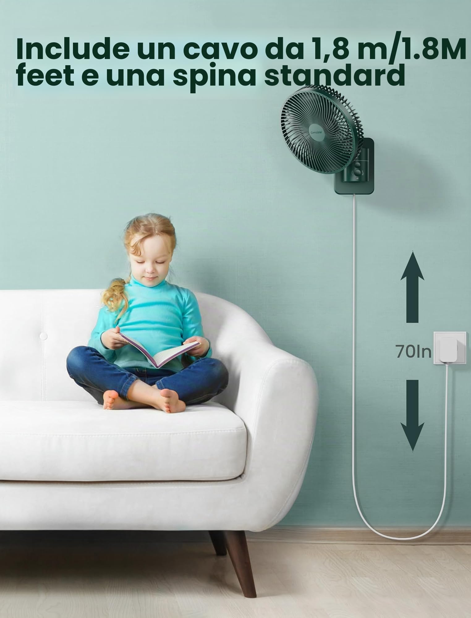 Ventilatore oscillante da parete con telecomando e timer, piccolo ventilatore RV da 21,8 cm con 4 velocità, oscillazione di 90°, inclinazione regolabile di 120°, cavo da 1,8 m, silenzioso, per camera