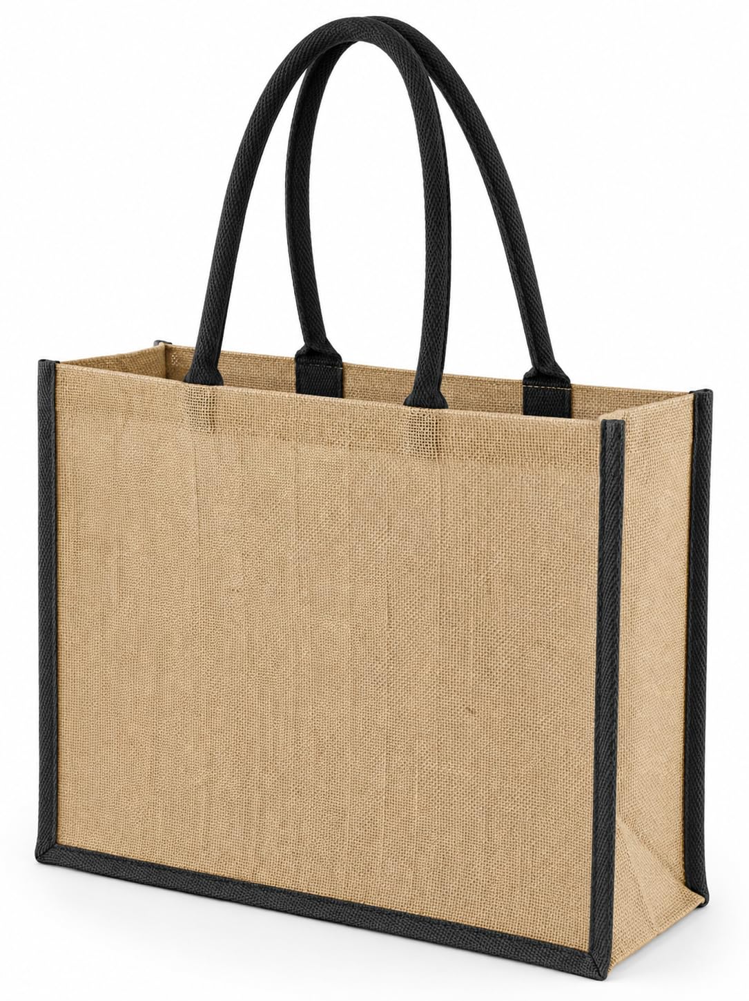 Hyper Mart Natural Large Reusable Hessian Bag with Padded Cotton Handles – Laminated Strong Bag for Shopping, Gifts & Everyday Use (BLACK HANDLES AND EDGES)
