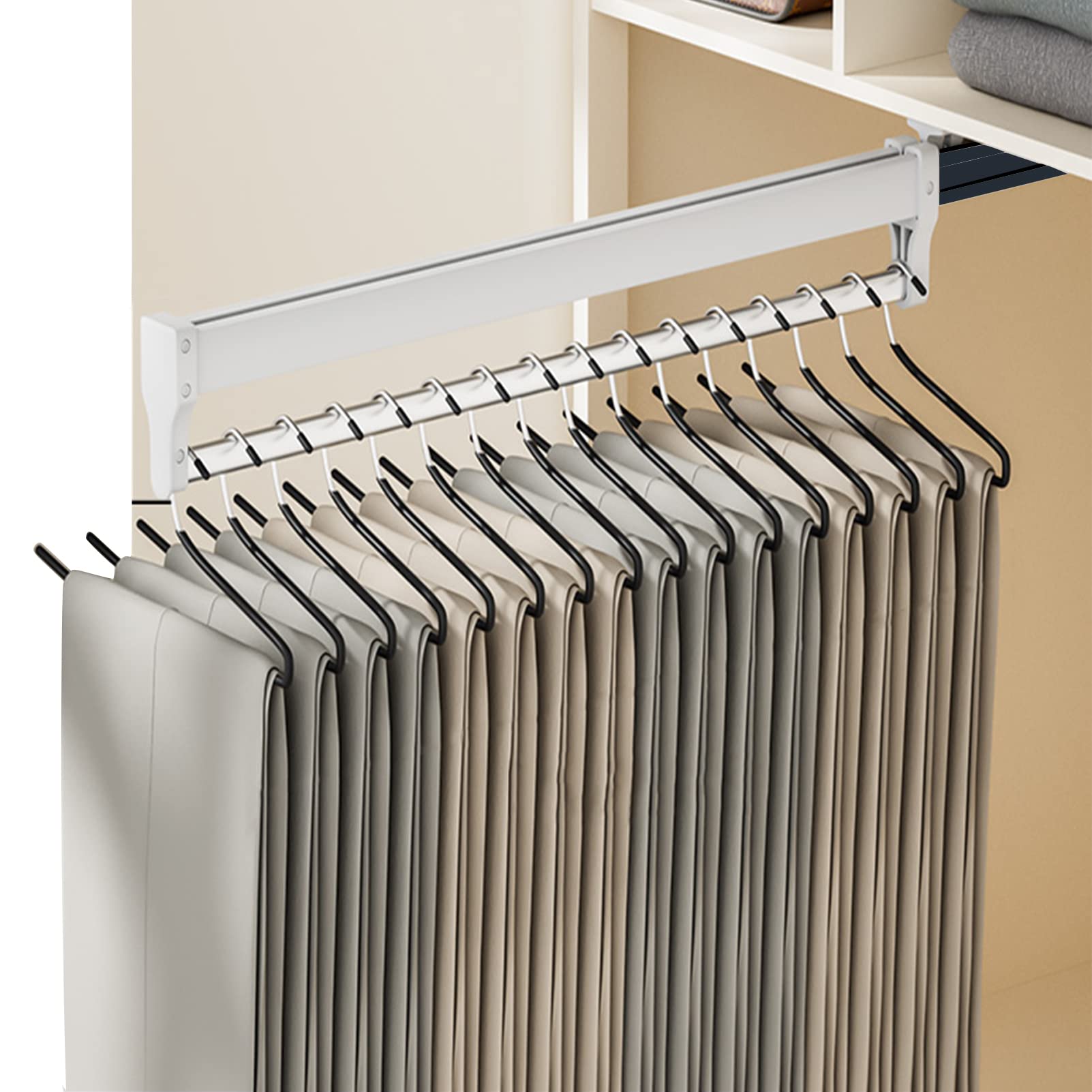 Pull Out Closet Valet Rod, Adjustable Wardrobe Clothing Rail Top Mount Telescopic Trousers Rack Rod Heavy Duty Closet Valet Rod Slide