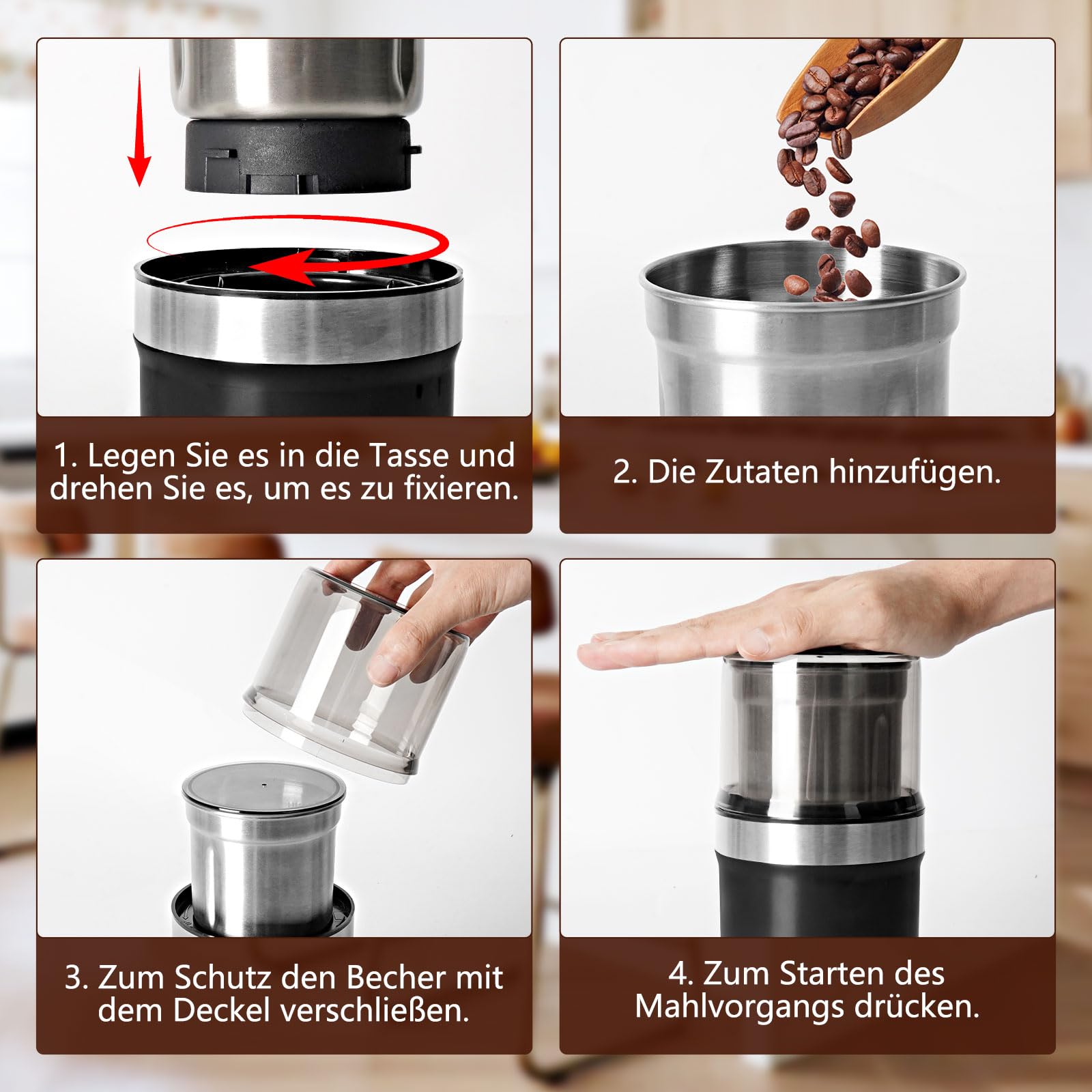 Moulin à Café Électrique Livré avec deux bols amovibles, Broyeur à Graines de Lin, Semences de Café, Noix, Poivre, Machine à café réglable pour Espresso/Gocciolamento/Expédition/Epices de Cuisine