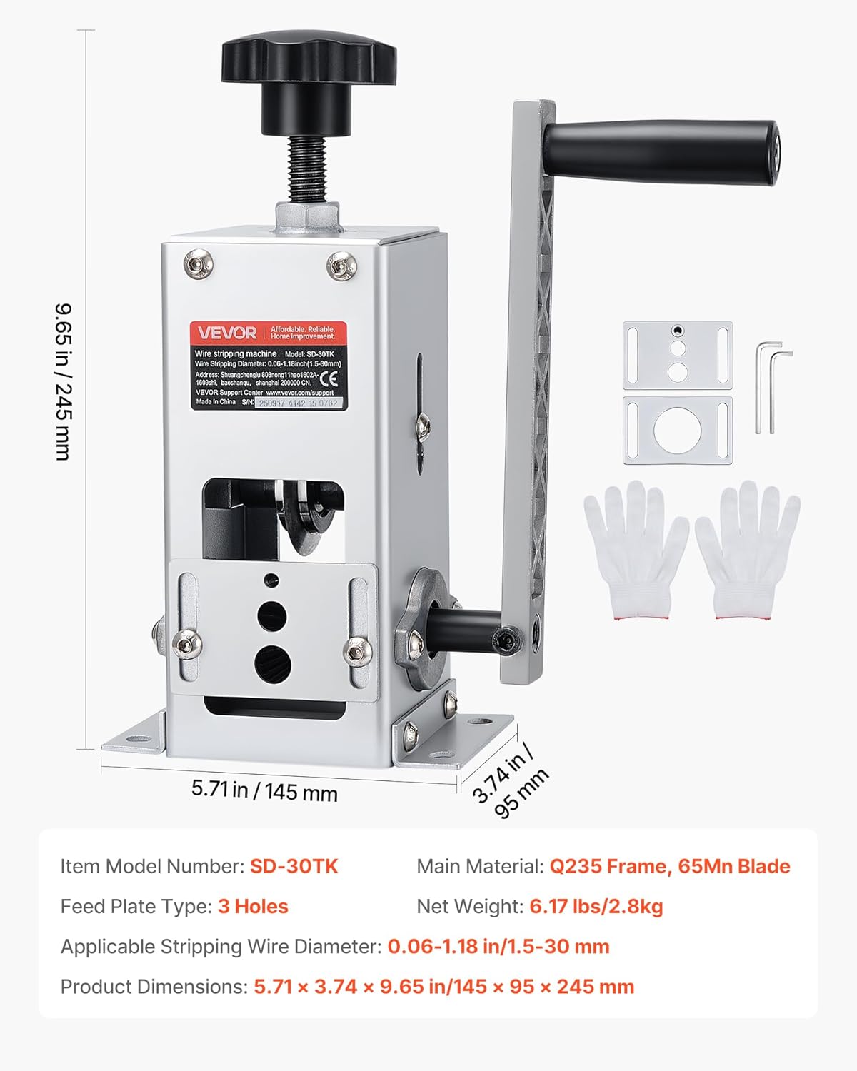 VEVOR Manual Wire Stripper Machine, 0.06-1.18 in, Copper Cable Stripper Tool, Hand Crank or Drill Powered Modes, Heavy-Duty Q235 Frame Wire Stripping Machine, Easy to Use, for Scrap Copper Recycling