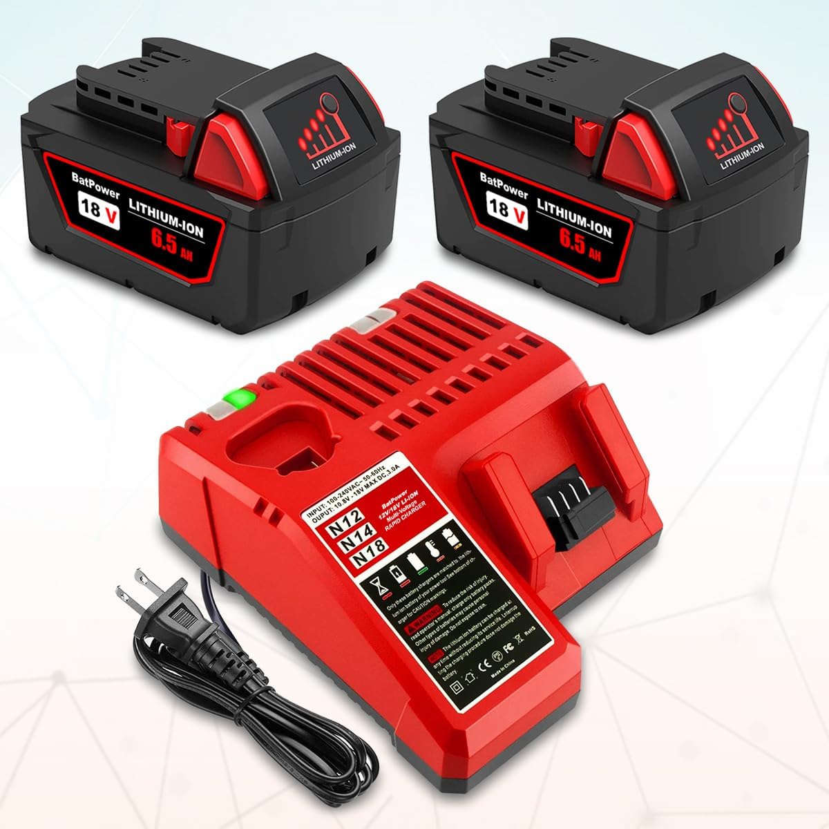 BatPower Replacement Battery and Charger Starter Kit Compatible with Milwaukee 18VSystem, (2) 6.5Ah High Capacity Lithium-Ion Batteries and (1) Fast Charger 48-11-1865 48-59-1812 (3-Piece Set)