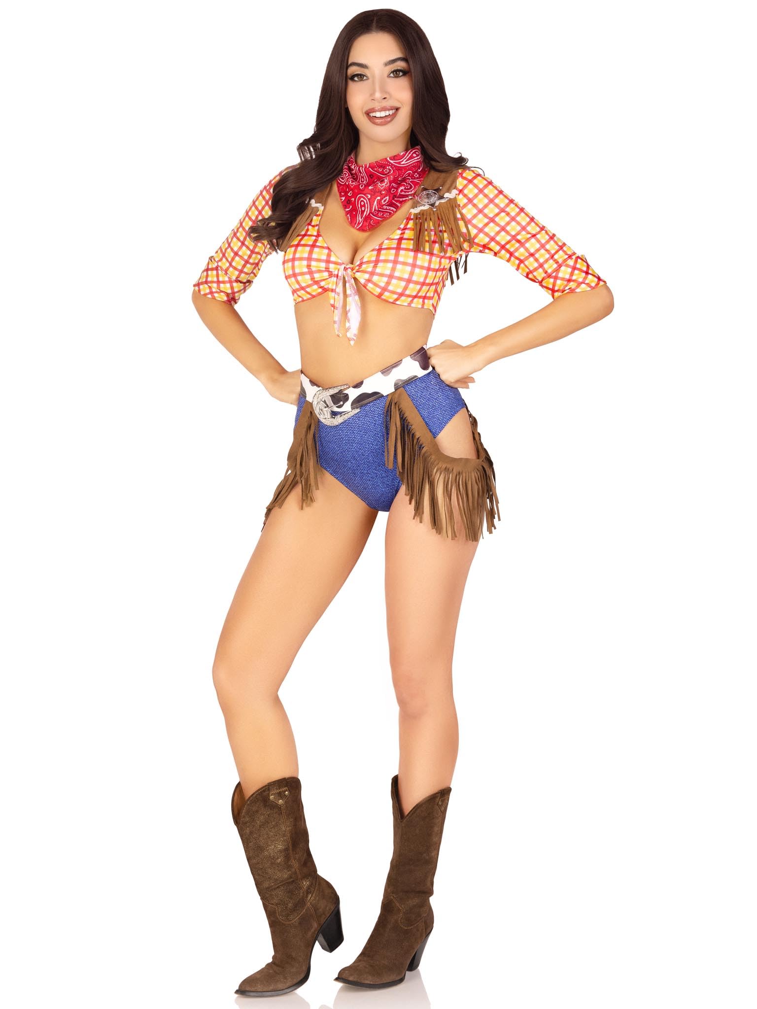 Leg Avenue Costume da cowboy da donna, 5 pezzi, con bandana rossa, XS