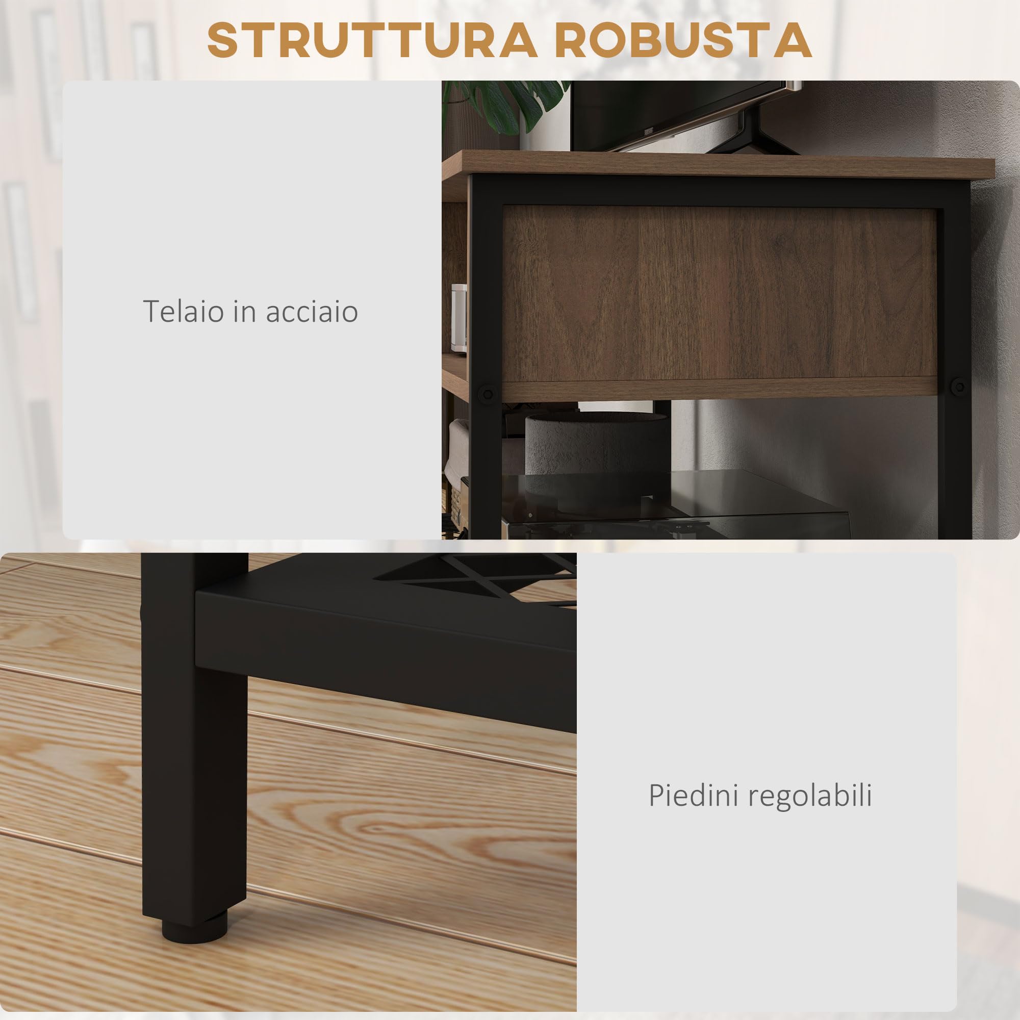 HOMCOM Mobile Porta TV fino 48" in Stile Industriale, Mobile Basso con Ripiani in Legno e Acciaio, 110x40x48cm, Marrone e Nero