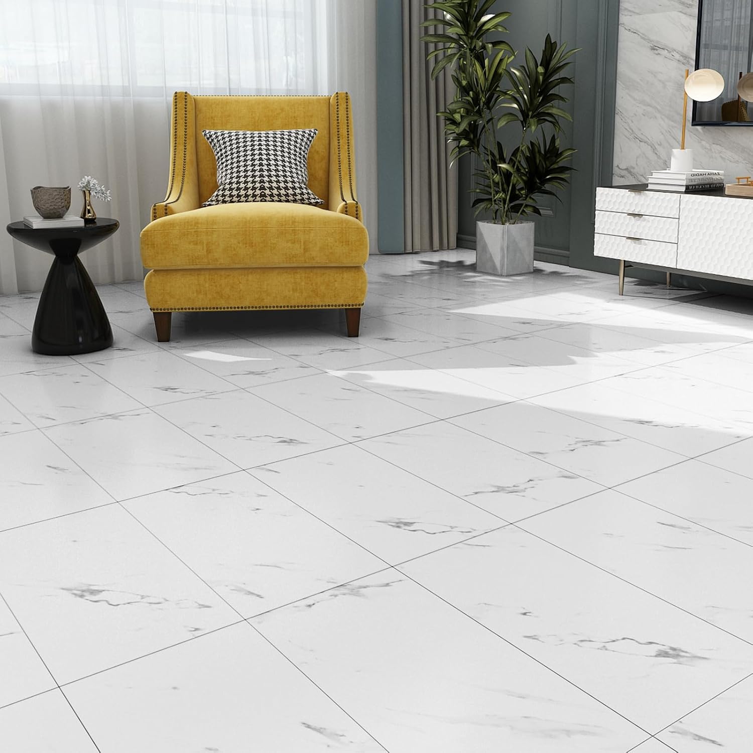 YENHOME White Marble Peel and Stick Vinyl Floor Tile 15 PCS 12"X24" White Vinyl Flooring Bathroom Floor Tile Peel and Stick Wall Tiles for Kitchen Bedroom Waterproof Removable Sheet Flooring Sticker
