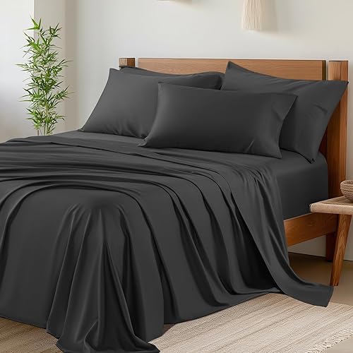 Shilucheng 6-Piece Sheets Set，Rayon Derived from Bamboo_ Sheets, Cooling & Breathable Bed Sheets, Silky Bedding Sheets & Pillowcases, 16 Inch Deep Pockets(Full,Black)