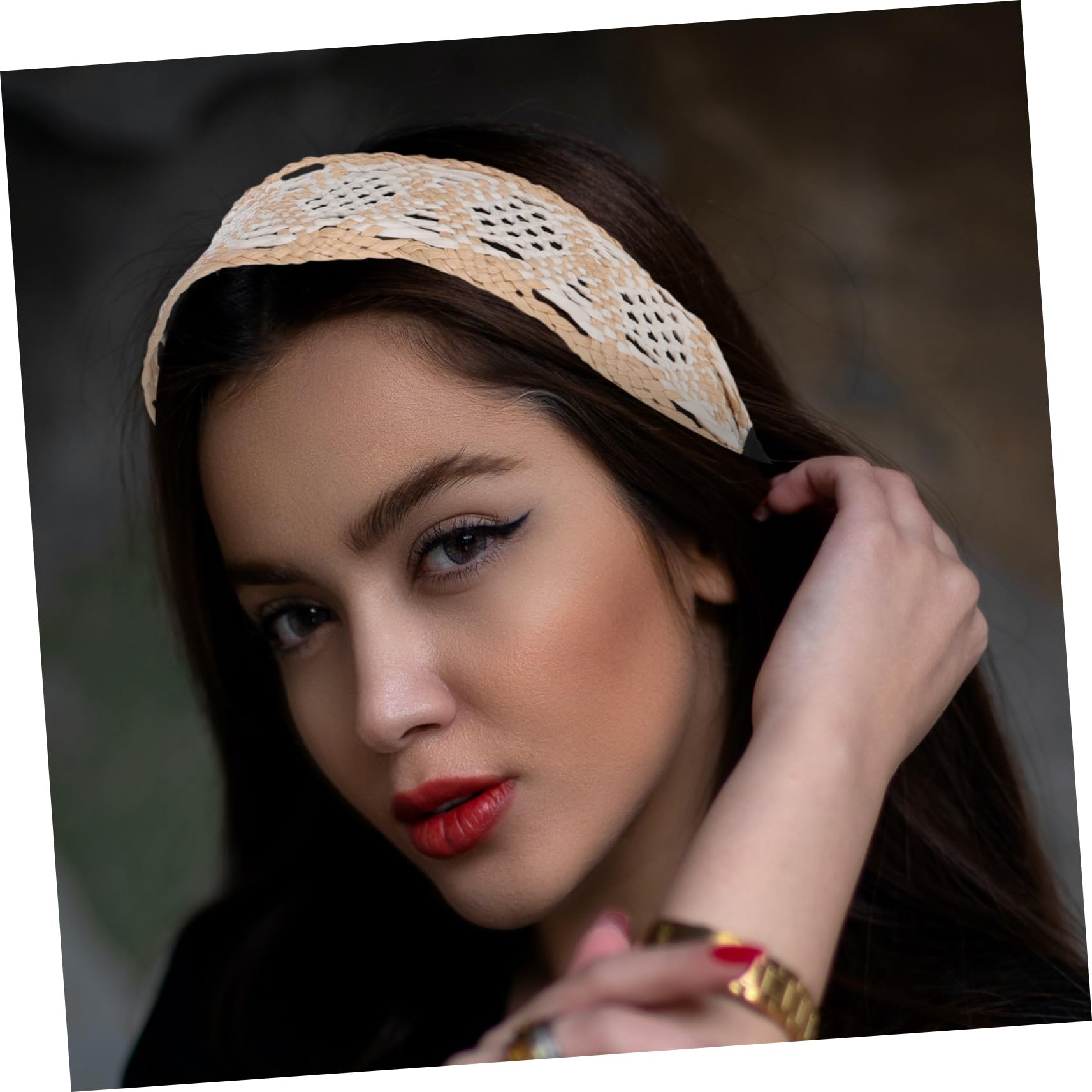 Bandeau Large en Raphia Beige, Serrage-tête Rétro pour Femmes