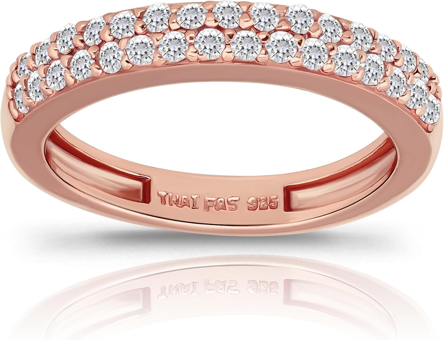Hoops & Loops 925 Sterling Silver Cubic Zirconia 2-Row Round-Cut Eternity Band Ring for Women Teen Girls, Silver, Yellow & Rose Gold