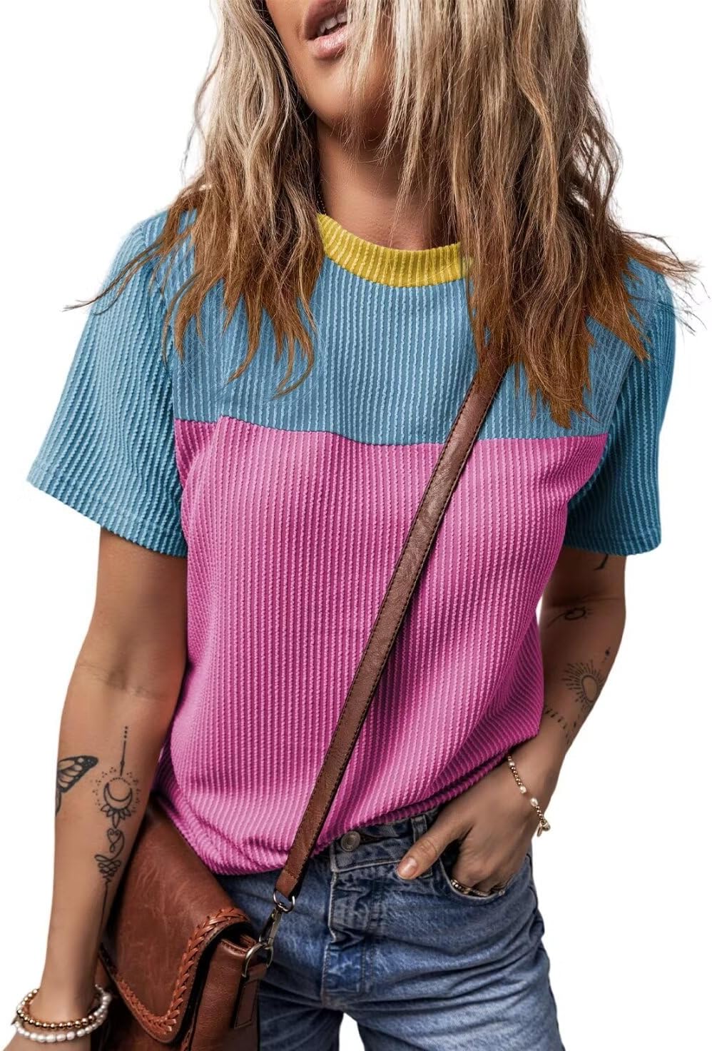 BLENCOT Women Tops Color Block Crewneck Casual Oversized Tshirts Knit Summer Tees Blouse S-2XL - Image 5