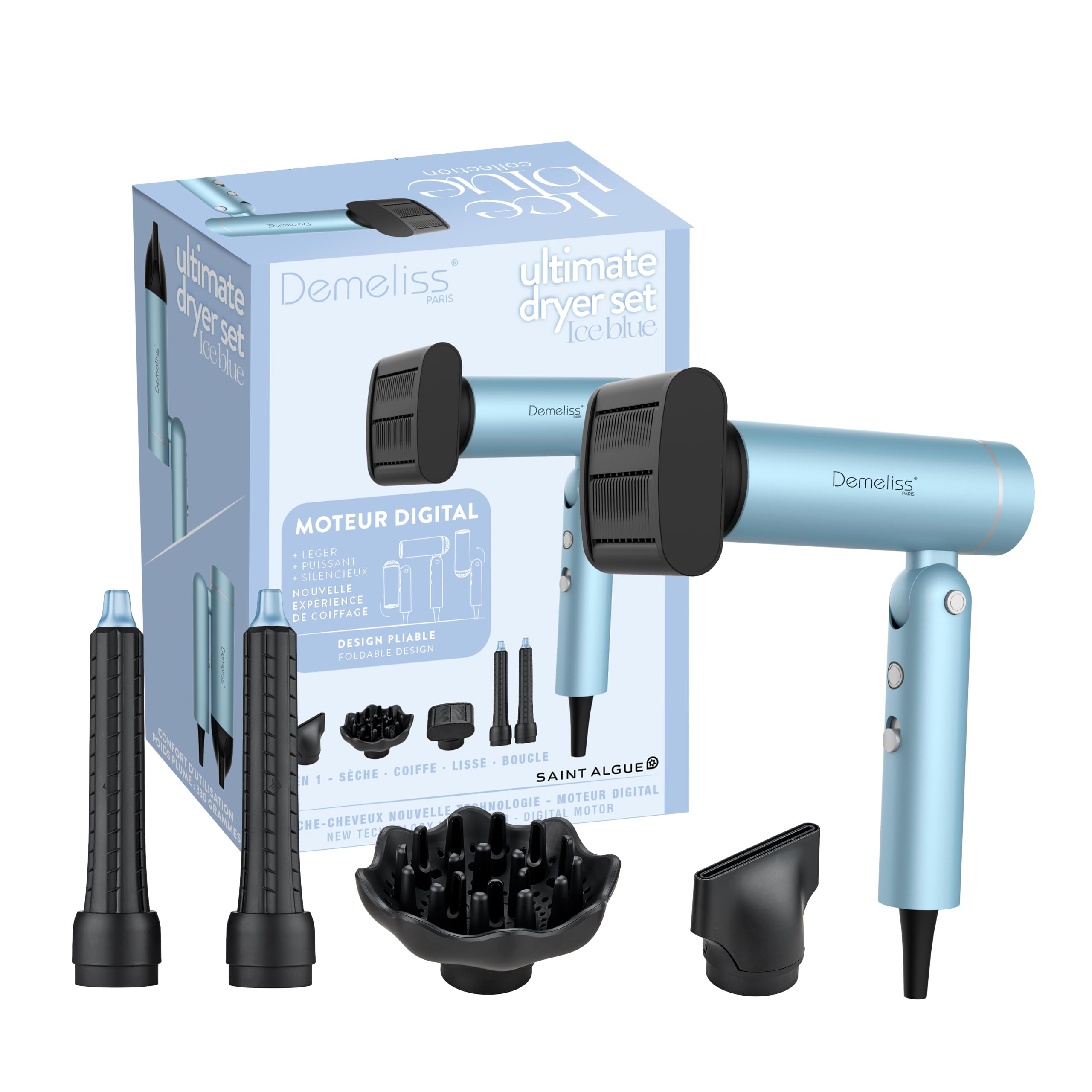 Demeliss Saint Algue - Sèche-Cheveux Ultimate Dryer Set - Moteur Bldc 1300W - Léger Silencieux Compact - Embouts Coanda - Diffuseur - Accessoire Lissant - Fonction Ionique - Design Ergonomique