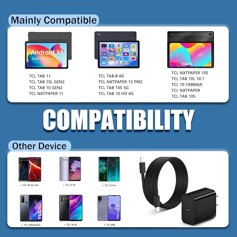 6.6 FT Phone Fast Charger Fit for TCL K33/K32 5G, TCL Phone 60/50/40/30/20/10 Series, Tablet NXTPAPER 14/11/11 Plus/11 Gen 2 Type C 20W Charging Block Adapter with USB C to C Power Cord