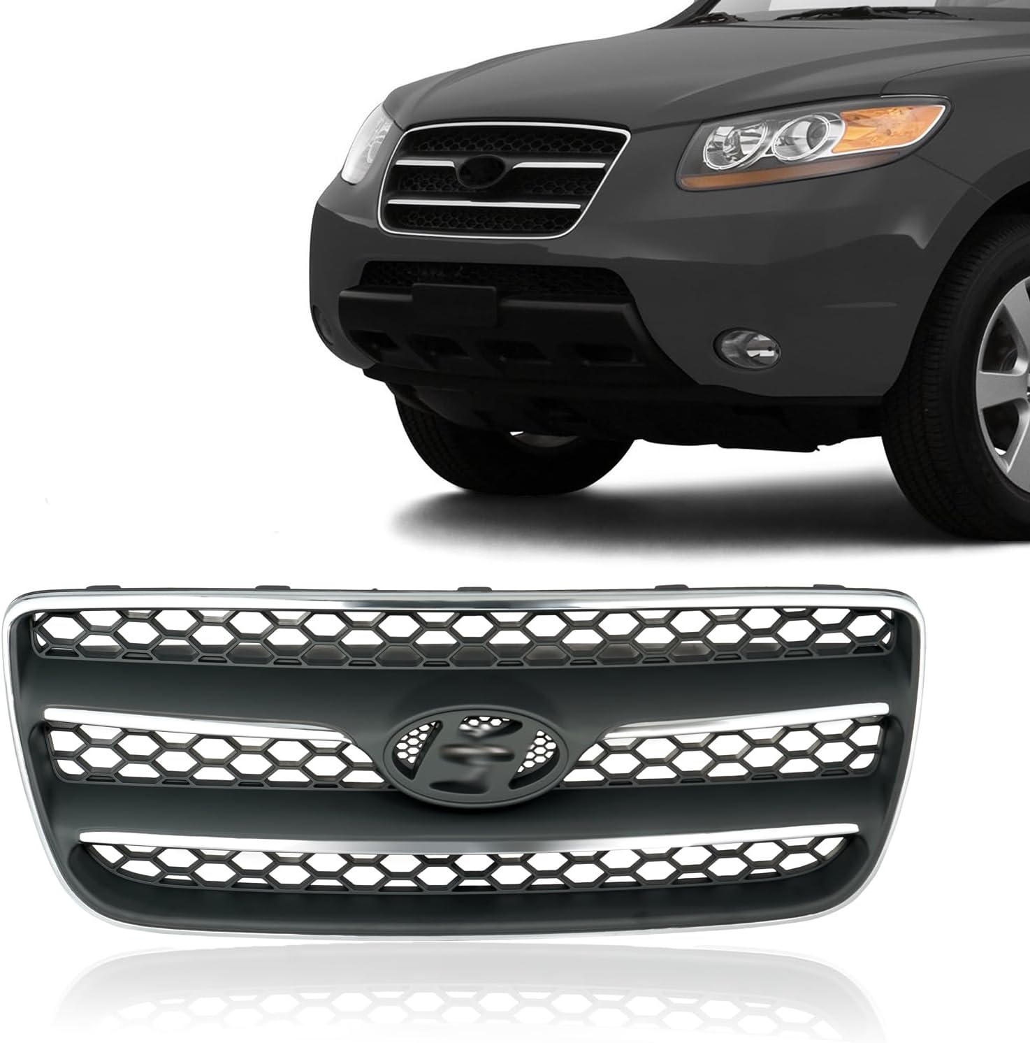 KARPAL Front Grille Grill Matte Black With Chrome Frame Compatible with 2007 2008 2009 Hyundai Santa Fe Limited | 865602B020 HY1200147