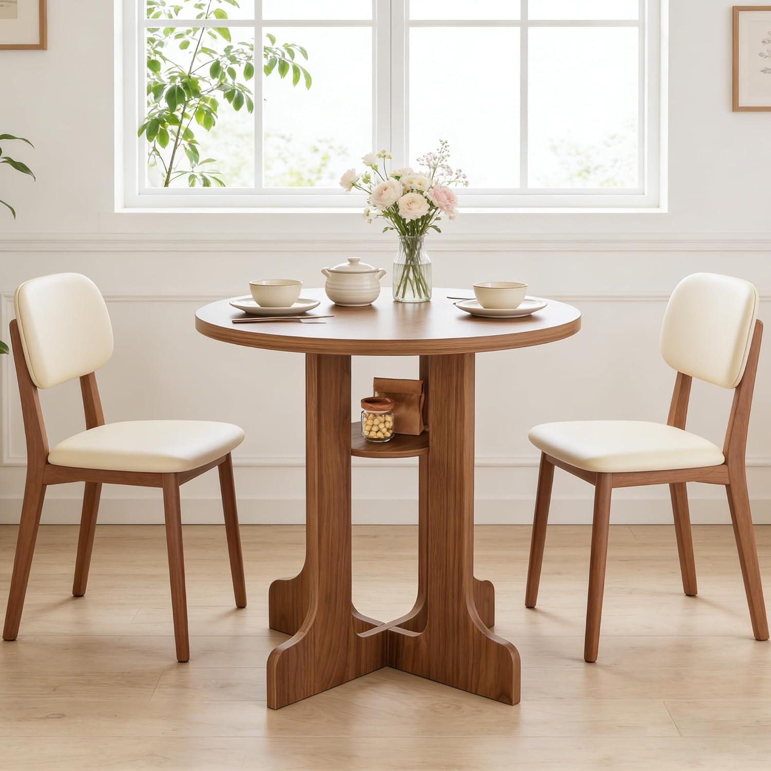 31.5" Round Dining Table for 2-4,Farmhouse Circle Kitchen Dinner Table with Storage Shelf,Space Saving Bistro Table for Kitchen, Living Room, Cafe, Office, Apartment (Walnut)