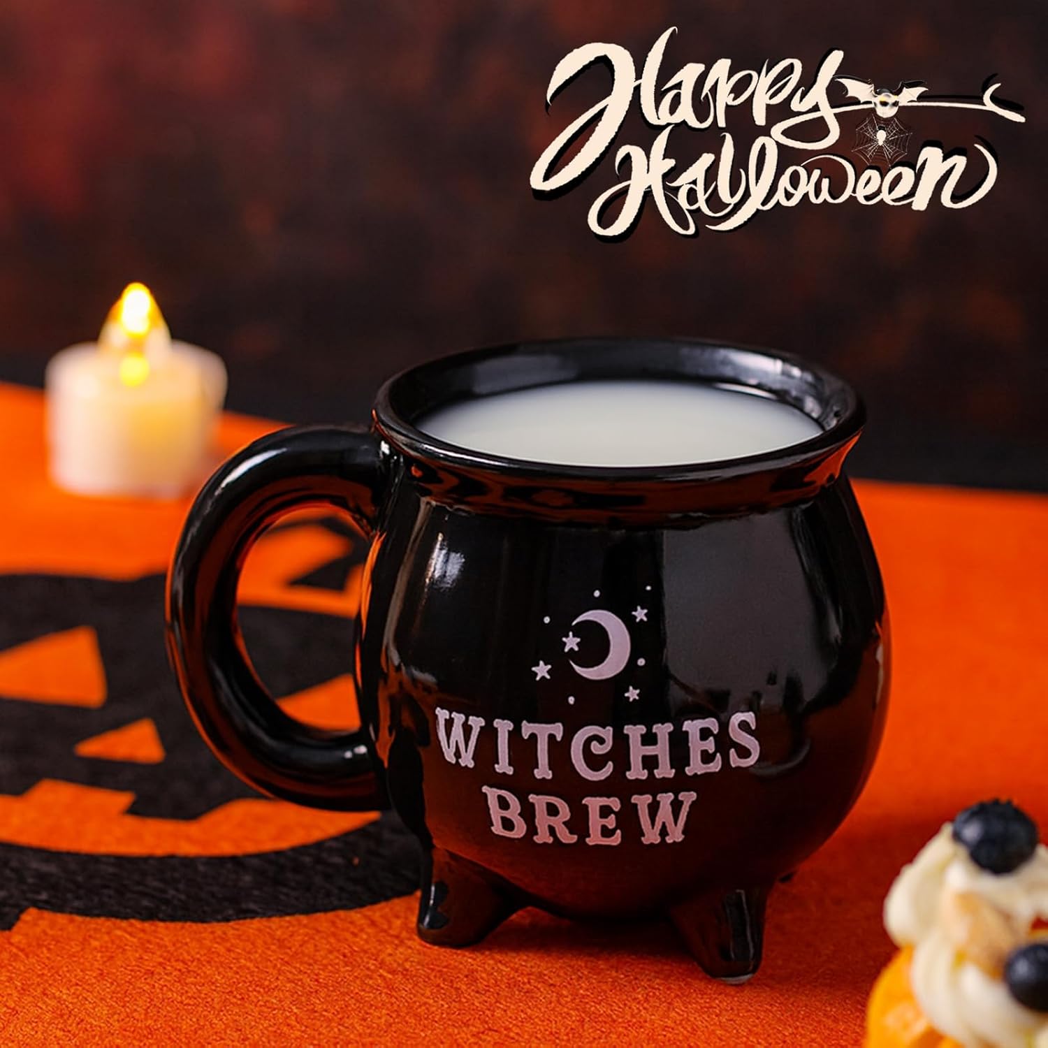 Halloween Witchy Cauldron Coffee Cup - 400ml Black Ceramic Spooky Mug with Silver Moon & Stars Design, Microwave Safe, Halloween Party Cup, Autumn Decorative Mug for Witches Brew Lovers - Image 3
